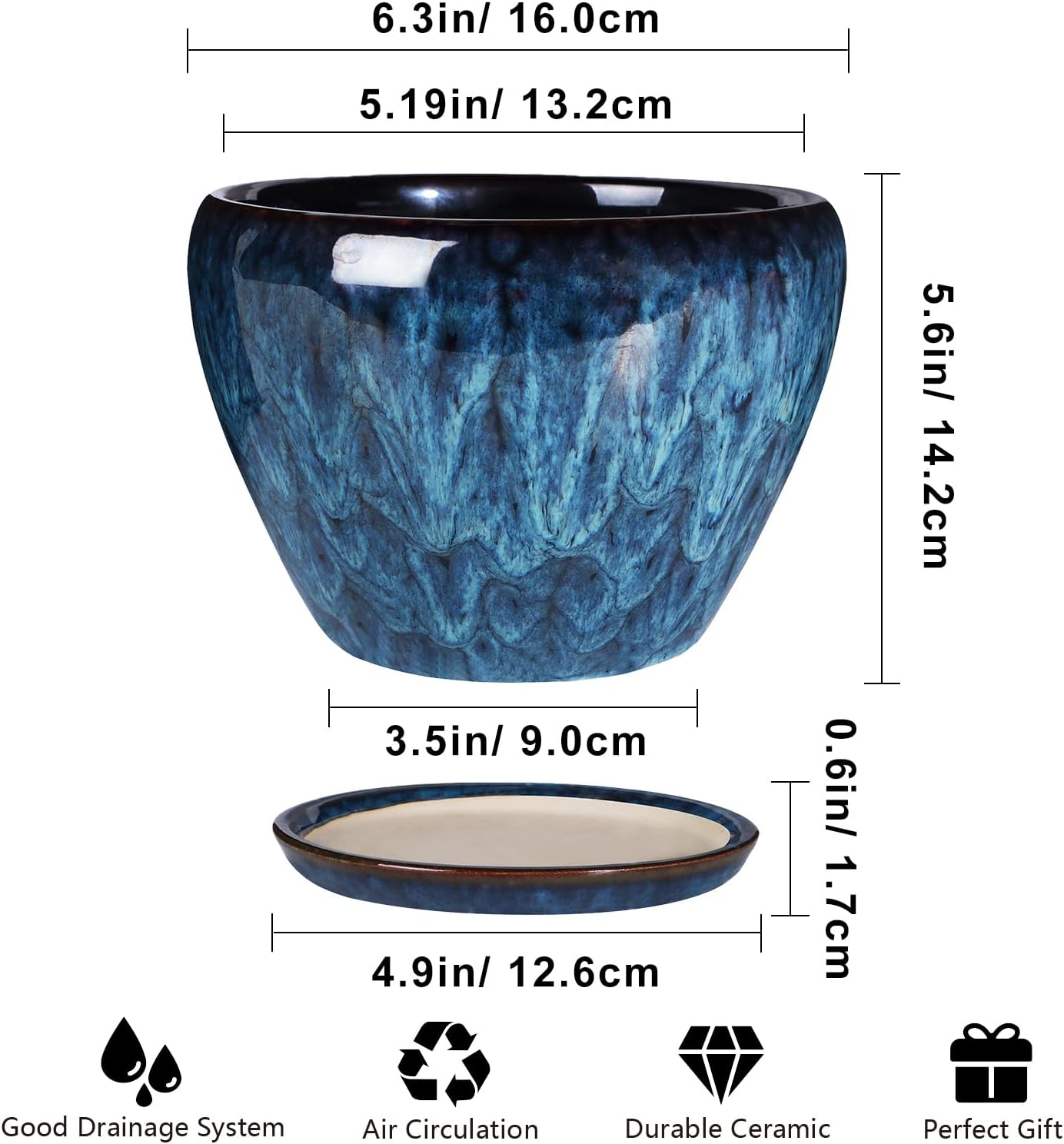 Ceramic Modern Glaze Succulent Planter Pot with Drainage Hole and Saucer 6 Inch Round Flower Plant Pot for Indoor Outdoor Herb Snake Plants