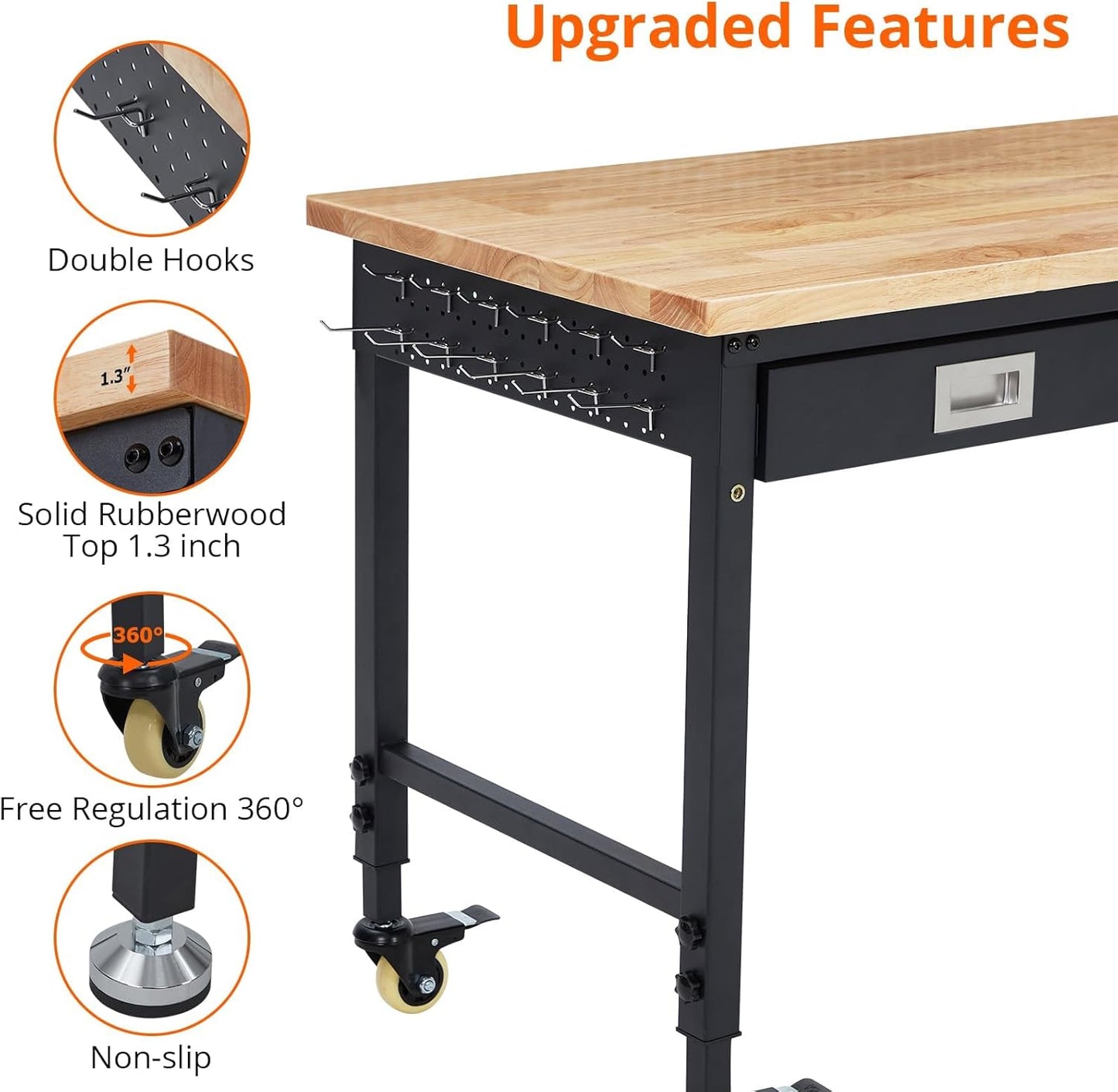 48x24 Inch Heavy-Duty Adjustable Workbench with Rubber Wood Top – 2000LB Capacity Mobile Garage Workstation with Drawer, Ideal for Workshop, DIY & Tool Storage
