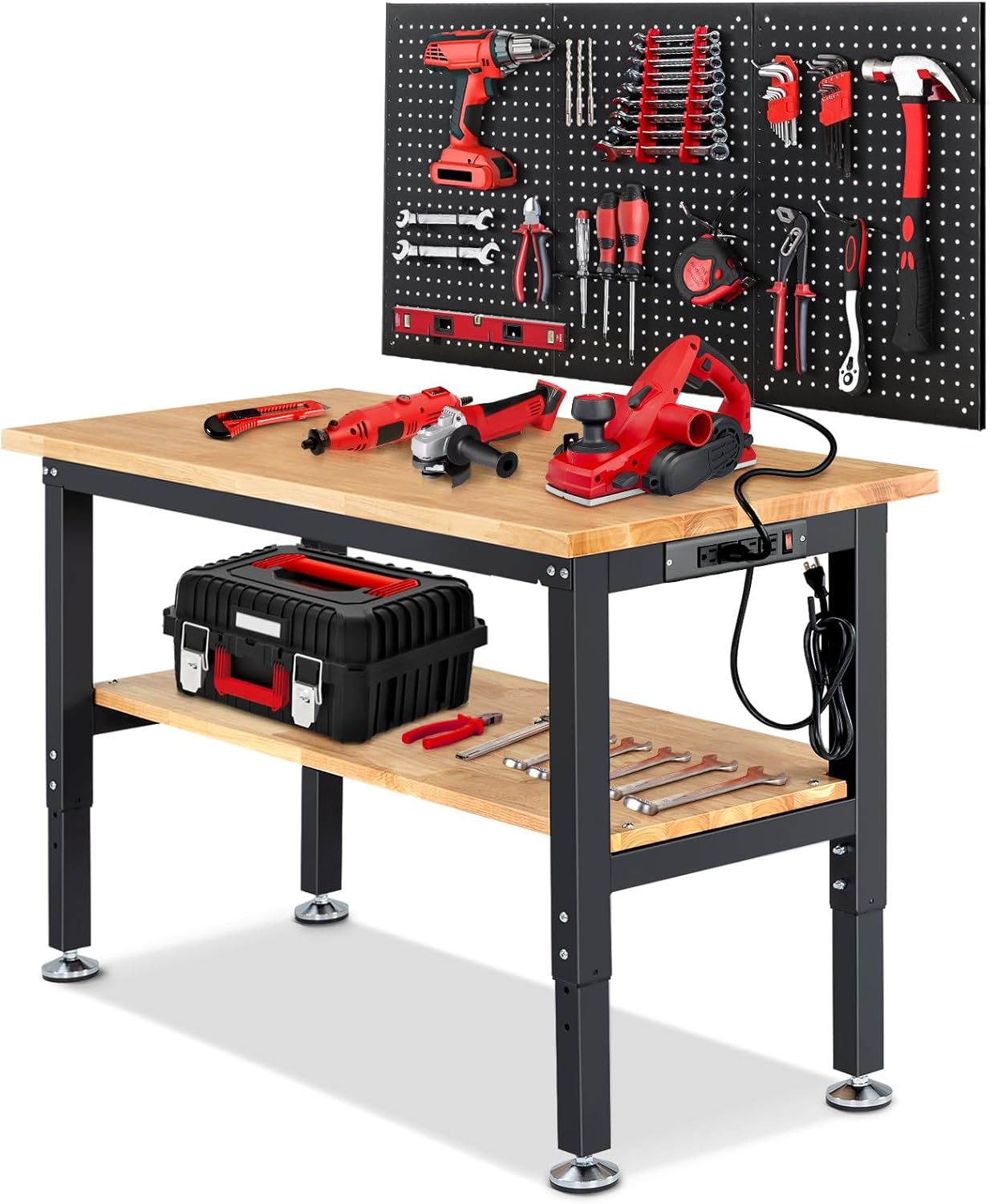 Adjustable Height Work Bench 48 x 20 Workbench for Garage Work Table with Under Table Shelf for Shop Woodworking, Heavy Duty Rubber Wood Top for Office, Home, Commercial