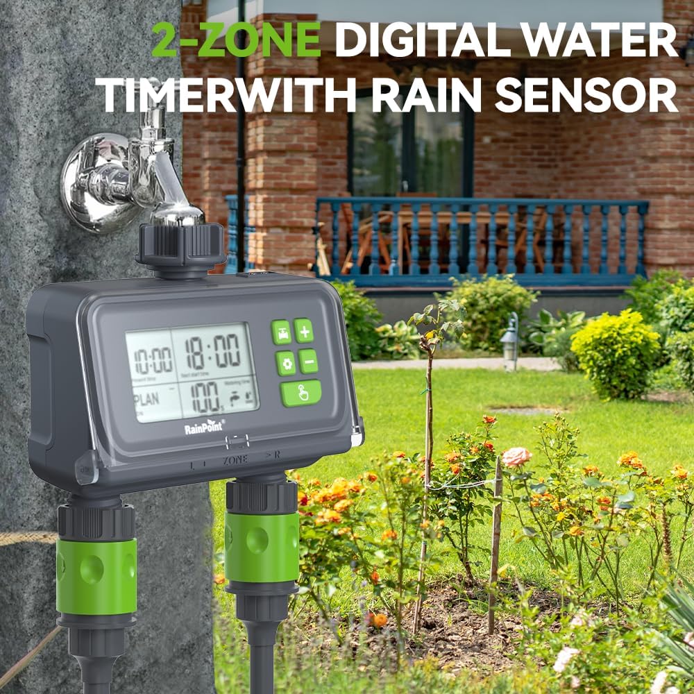 RAINPOINT 2 Zone Smart Water Timer for Garden Hoses - Lawn Sprinkler Timers with Up to 3 Preset Programs, Rain Delay Sensor, Smart Water Hose Timers, Drip Irrigation Timer for Garden Watering System