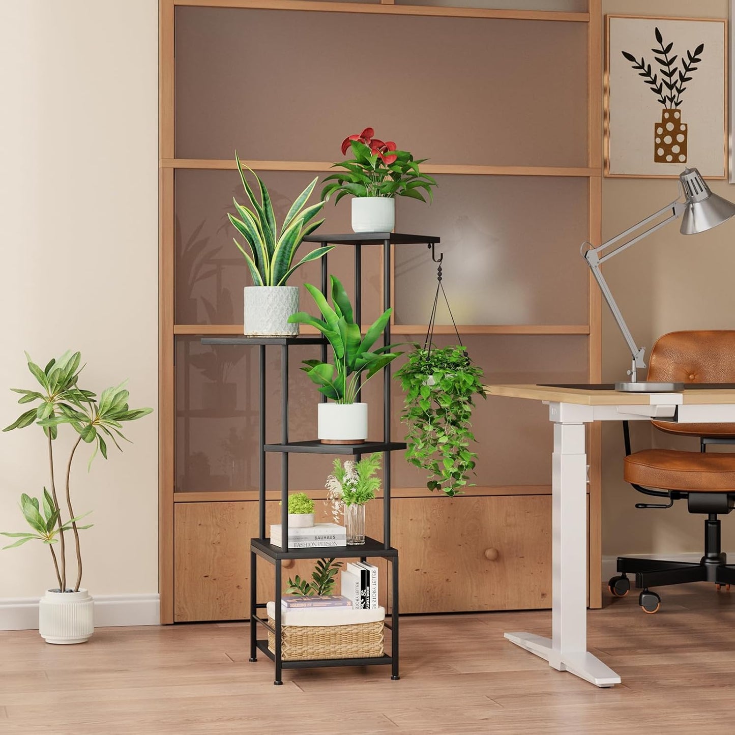 Plant Stand Indoor with Grow Light, 5-Tiered Tall Plant Stand Indoor, Metal Plant Shelf with Hanging Basket Hook and Adjustable Light, Ideal for Living Room, Garden, Patio (Black )