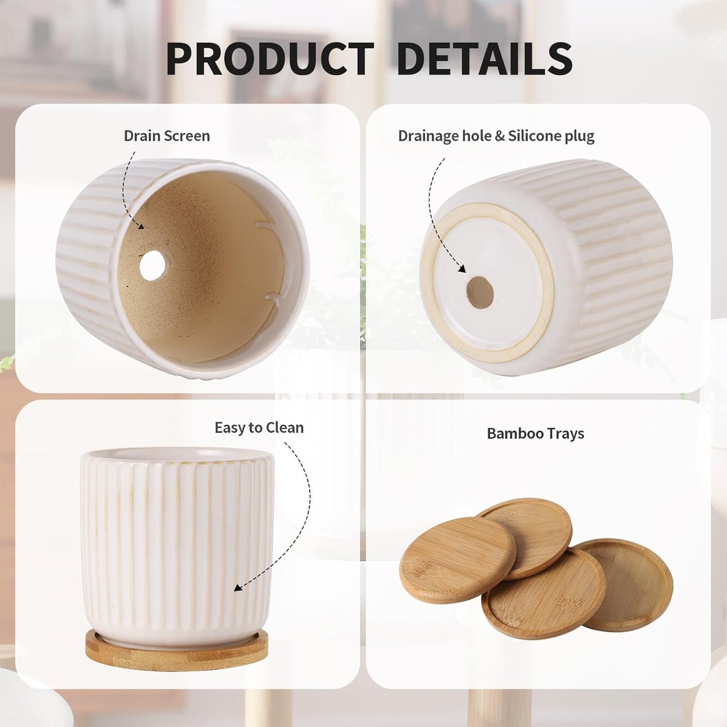 OMAYKEY 4 Inch Ceramic Plant Pot with Saucer, Creative Stripe Small Planters Pots with Drainage Hole and Mesh Pads for Succulent, Cactus, Herbs, White - Set of 4