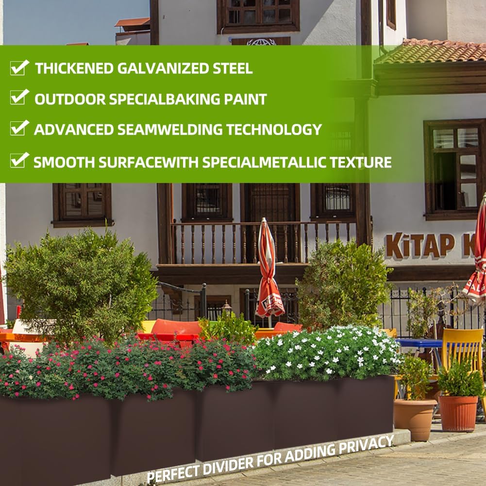 Metal Tall Long Planter Box Large Rectangular Planter Flower Pot with Drainage Holes for Indoor Outdoor Deck Porch Garden Home Patio Front Door (Espresso, M)