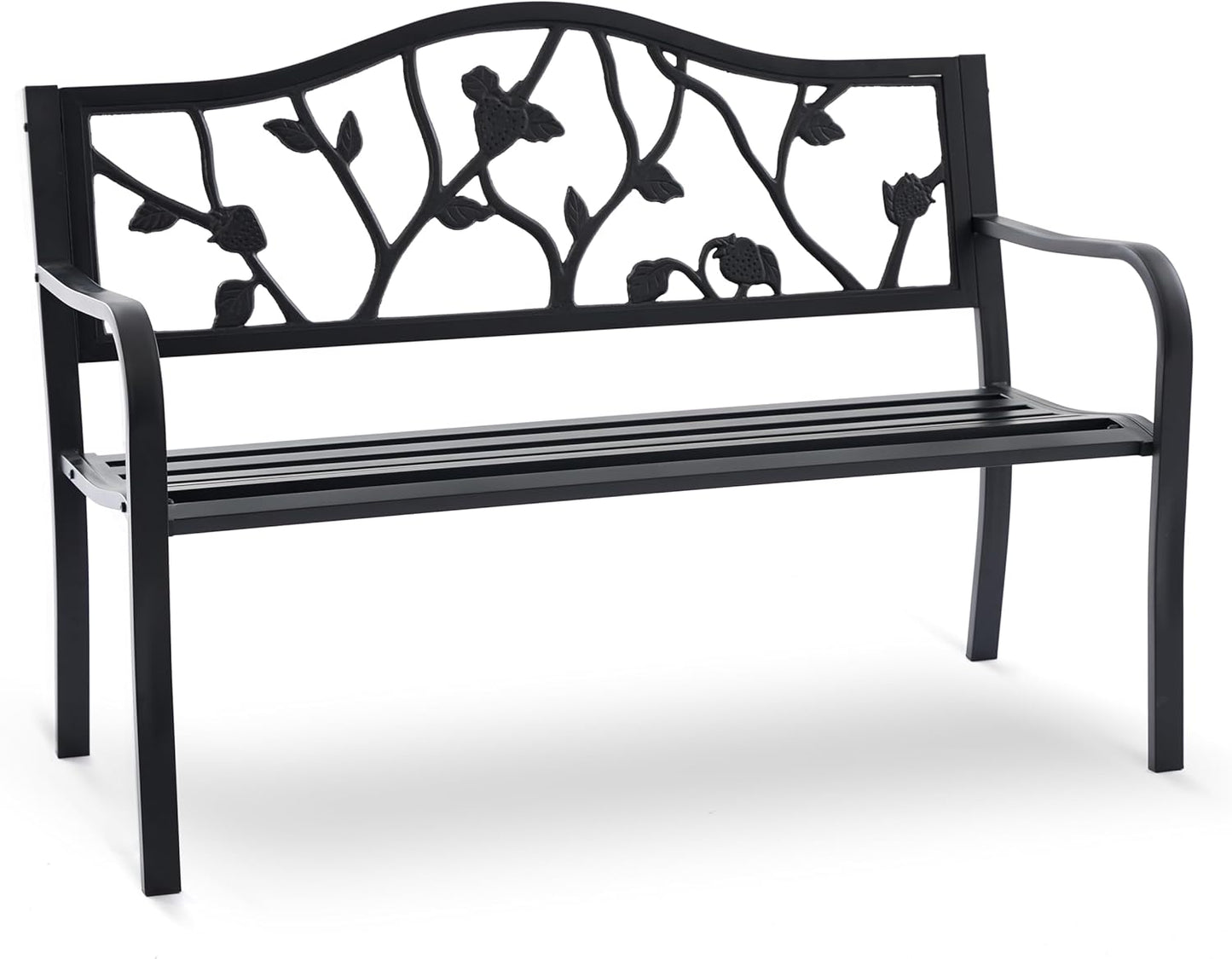 50” Strawberry Outdoor Garden Bench, Weatherproof Sturdy Cast Iron Metal Frame Patio Park Bench for Porch Yard Lawn Deck Park (Black Strawberry Style)