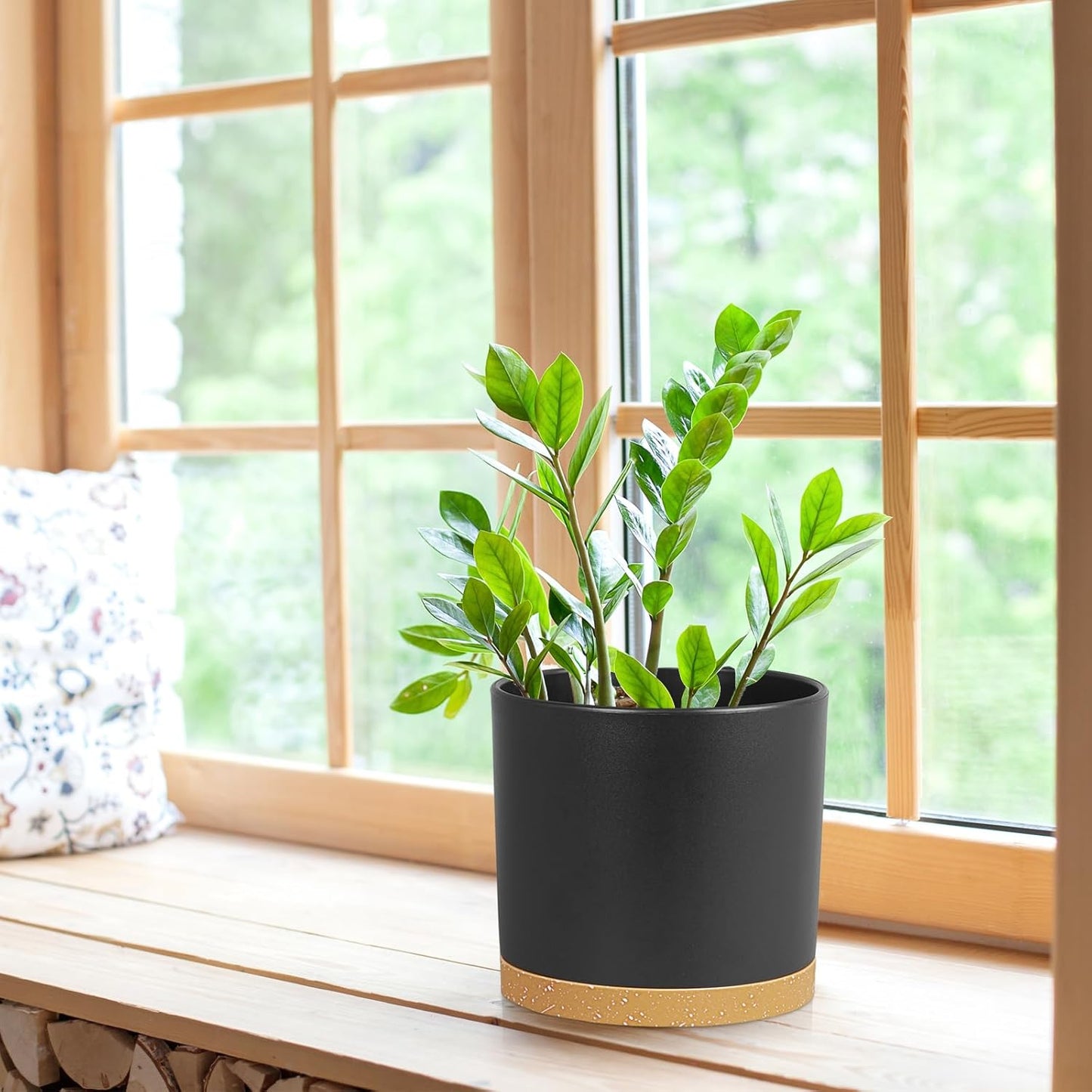 8 Inch Cylinder Plant Pots for Indoor Outdoor Plants, Medium Deep Flower Pots with Drainage Holes & Saucer, Decorative Plastic Planter Pots for Garden House Plants, Black with Brown