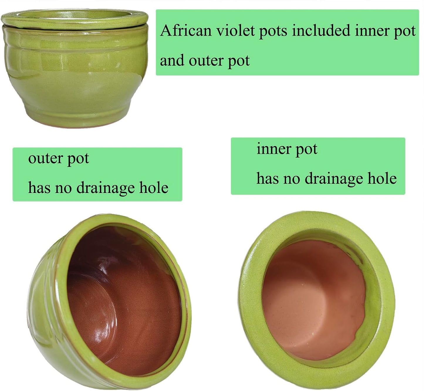 African Violet Pots Self Watering Round Ceramic Violet Pot (Green, 6 inch)