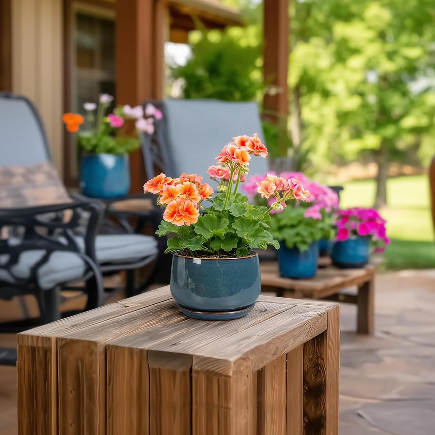 G EPGardening Ceramic Pots for Plants - 4 inch Plant Pots for Indoor Outdoor, Small Planter with Drainage Hole & Tray, Modern Succulent Pots, Round Planter, Office Decor, Home Gifts, Retro Blue