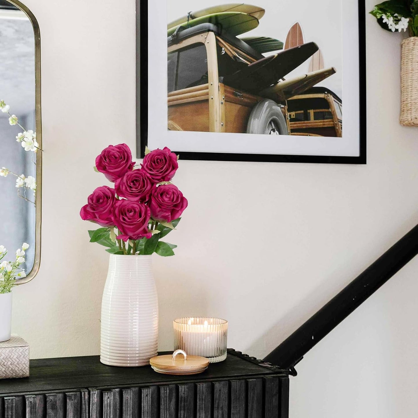 Briful Hot Pink Artificial Roses – 6PCS 18.9" Silk Rose Faux Flowers with Long Stems Realistic Fake Rose Bouquet for DIY Wedding Arrangements Table Vase Centerpieces Home Event Decor