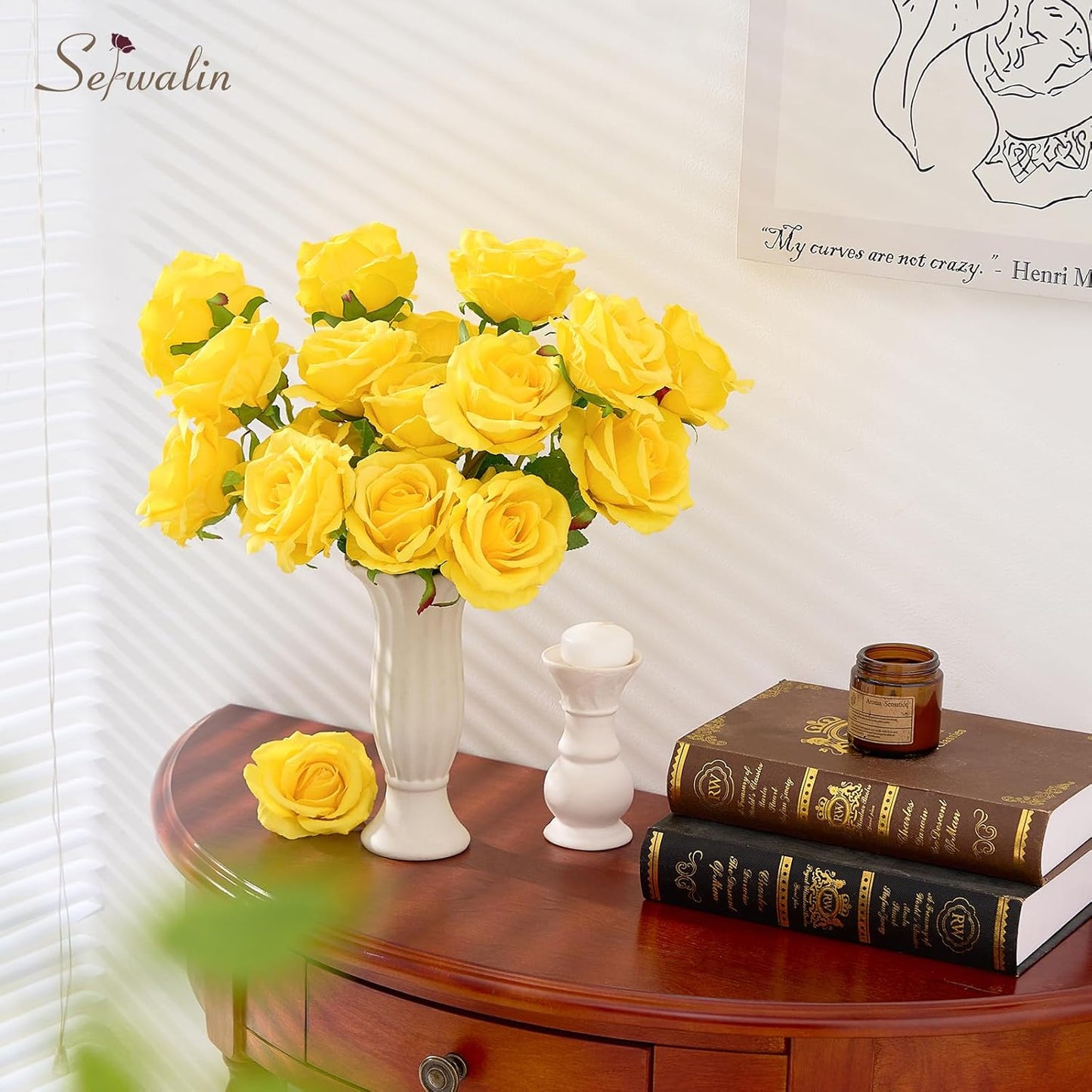 Serwalin 20pcs Artificial Yellow Roses, 4''Big Velvet Flower Head Fake Roses, Realistic Silk Roses Real Touch Bouquet Long Stems for Mother, Wedding Home Decor and Table Centerpiece