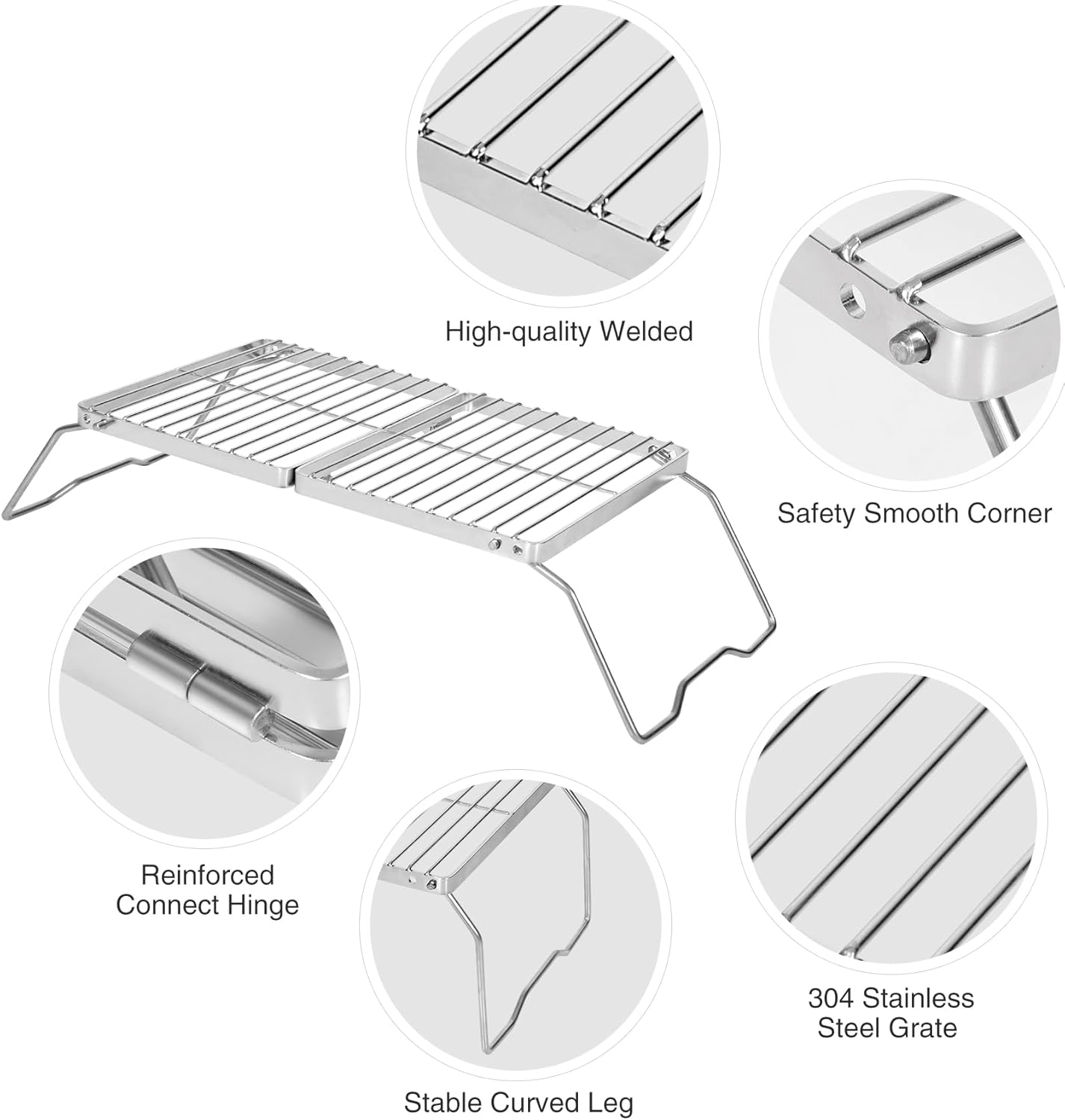 REDCAMP Folding Campfire Grill 304 Stainless Steel Grate, Adjustable Height Portable Camping Grill with Carrying Bag for Outdoor Cooking BBQ