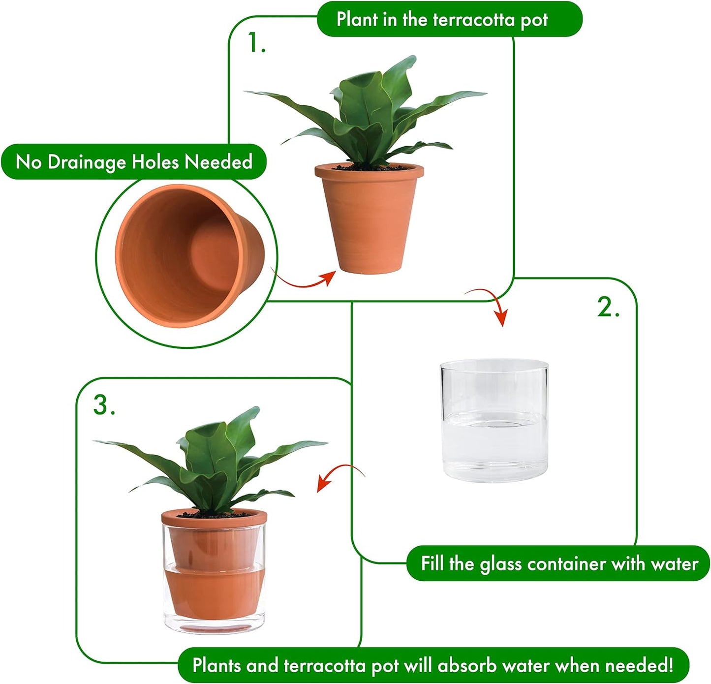 D'vine Dev 4 Inch Design Self Watering Pot for Indoor Plants, Terracotta Planter with Cylinder Glass Cup, 37-X-A-1