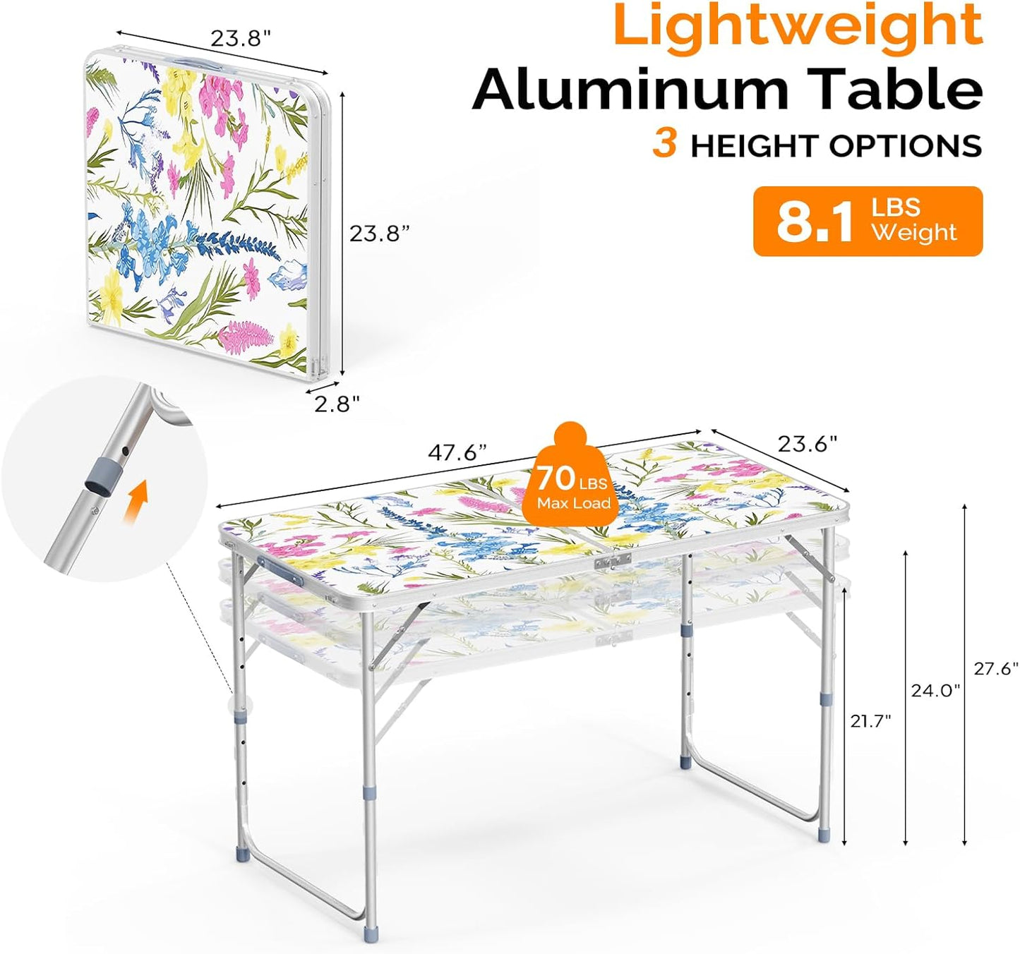 VINGLI 4FT White Folding Table with Carrying Handle Height Adjustable Lightweight Fold Up Portable for Indoor Outdoor Picnic,Camping,Hiking,Fishing,BBQ …