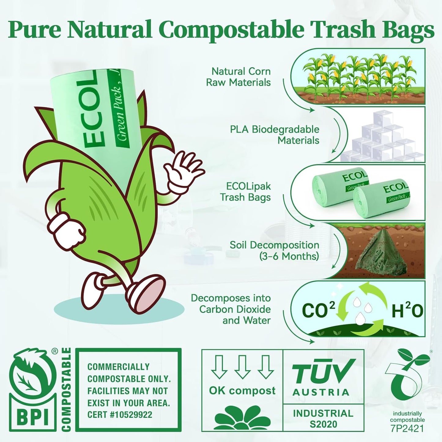 ECOLipak 13 Gallon Compostable Trash Garbage Bags, 50 Count (1 Roll) Biodegradable Heavy Duty Bathroom Kitchen Trash Bags for Home/Office, US BPI ASTM D6400 and OK Compost Home Certified