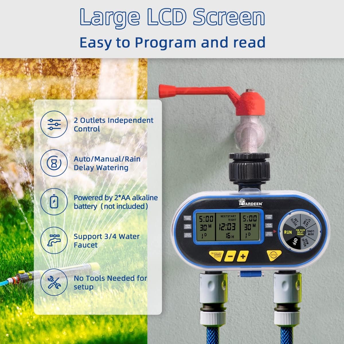 Sprinkler Timer for Garden Hose, Programmable Hose Timer with Rain Delay/Manual/2 Solenoid Valves Garden Electronic Irrigation Controller System Color Blue