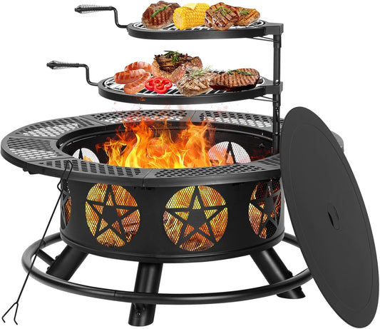 36 Inch Fire Pit with 2 Grills, Wood Burning Fire Pits for Outside with Lid & Poker, BBQ& Outdoor Firepit & Round Metal Table 3 in 1 for Patio, Picnic, Party
