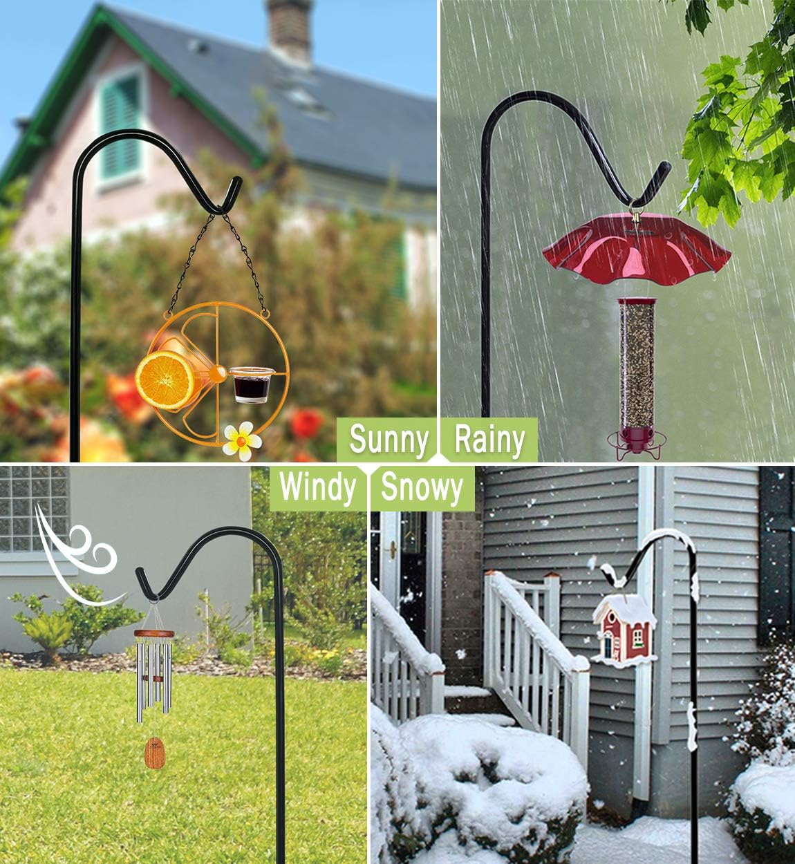 Garbuildman 60 Inch Tall Shepherd Hooks with 5-Forked Base, Adjustable Heavy Duty Bird Feeder Pole Stand Hanger for Outdoor, Shiny Black, 1 Pack