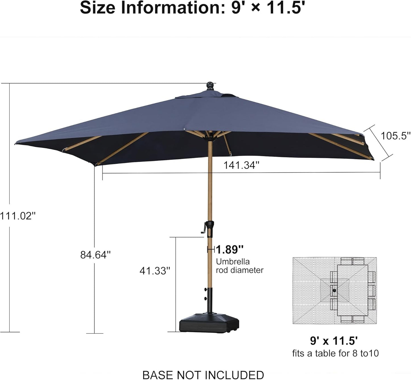 PURPLE LEAF 9' x 11.5' Patio Umbrella Outdoor Table Umbrella Rectangular Aluminum Market Umbrella with 8 Sturdy Ribs & Crank Outdoor Umbrellas for Garden Deck Patio, Navy Blue