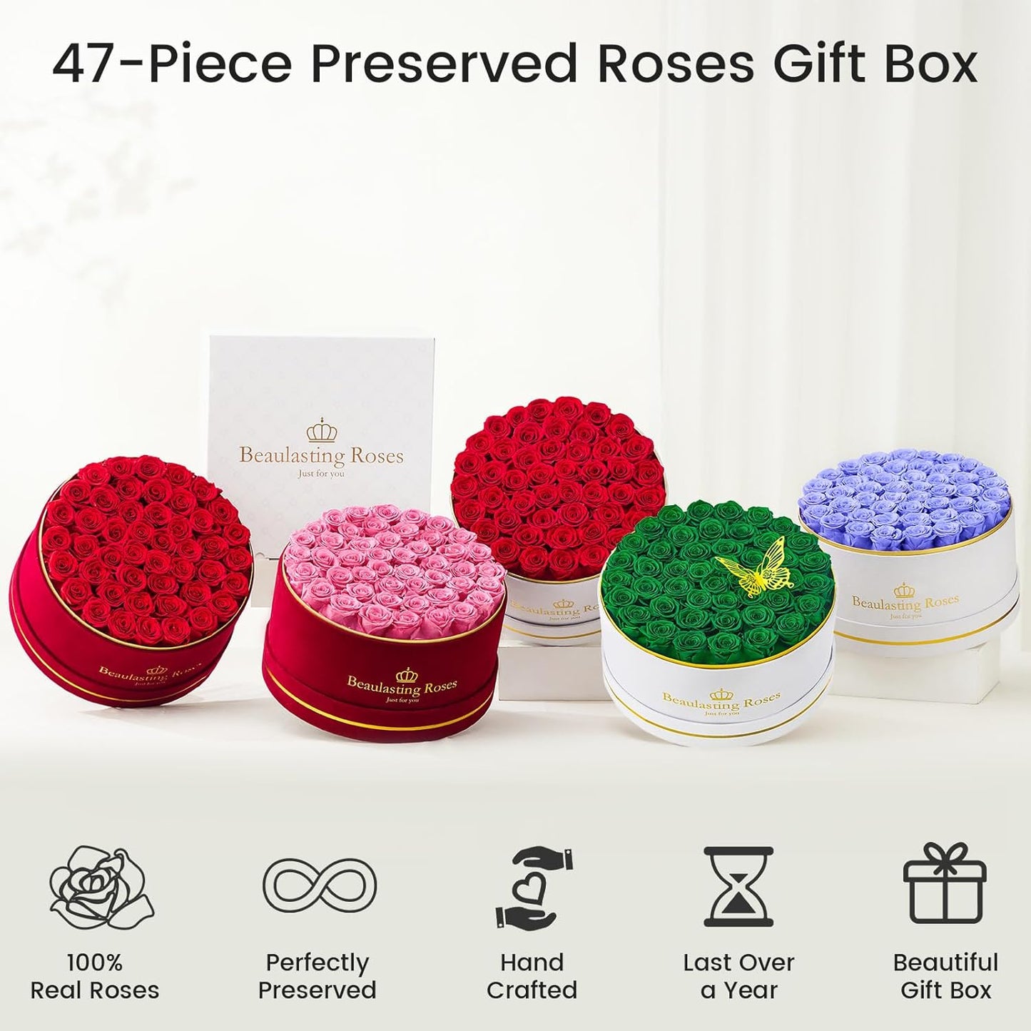 Preserved Roses Forever Flowers Real Roses in a Box Mother's Day Birthday Flowers for Her Mom Women Wife Valentine's Day, Green, 47 Piece