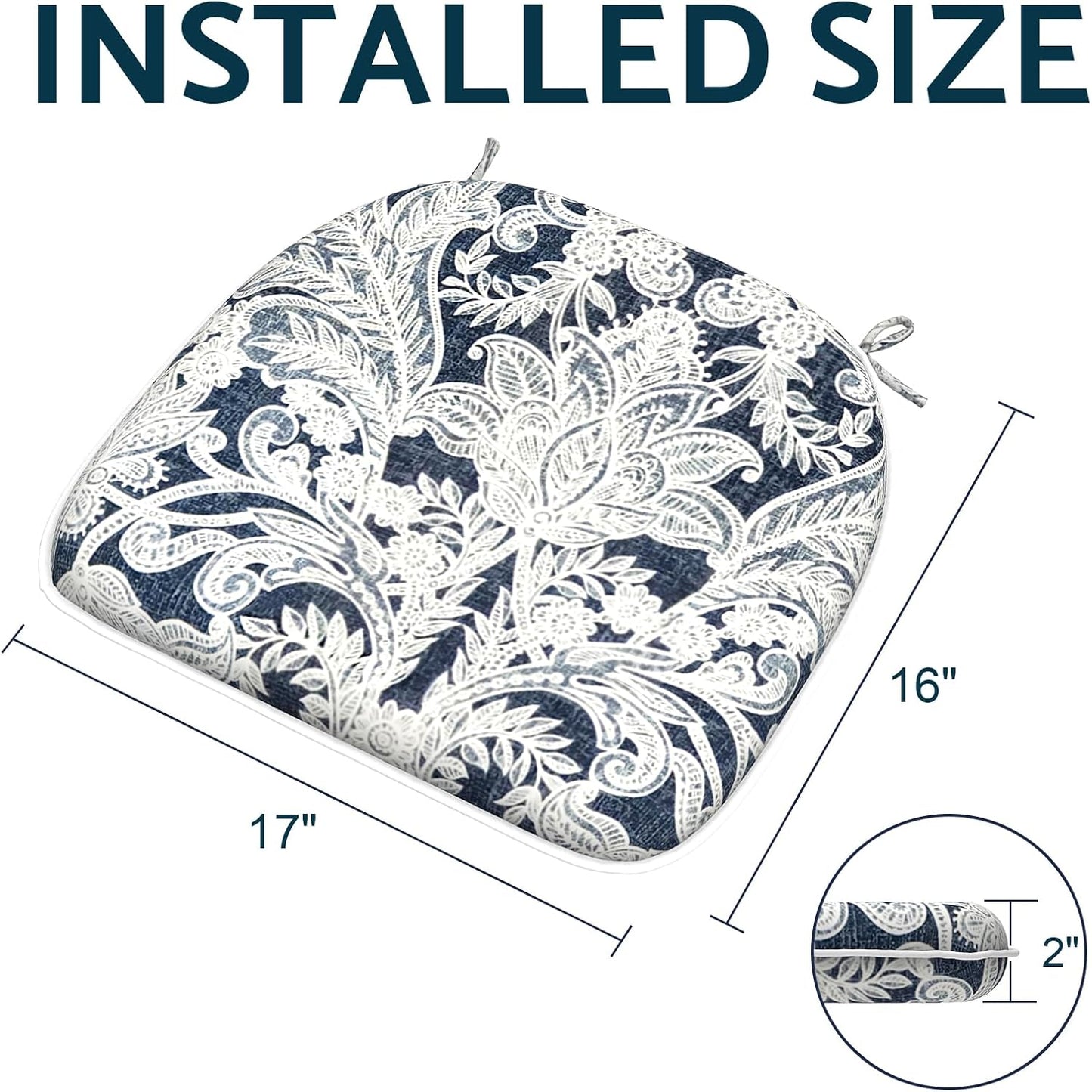 Indoor/Outdoor Chair Cushions 16x17 Inch, Patio Chair Cushions with Ties, All Weather Seat Cushions for Patio Furniture Home Garden Chair Use, Set of 4,Damask Lapis