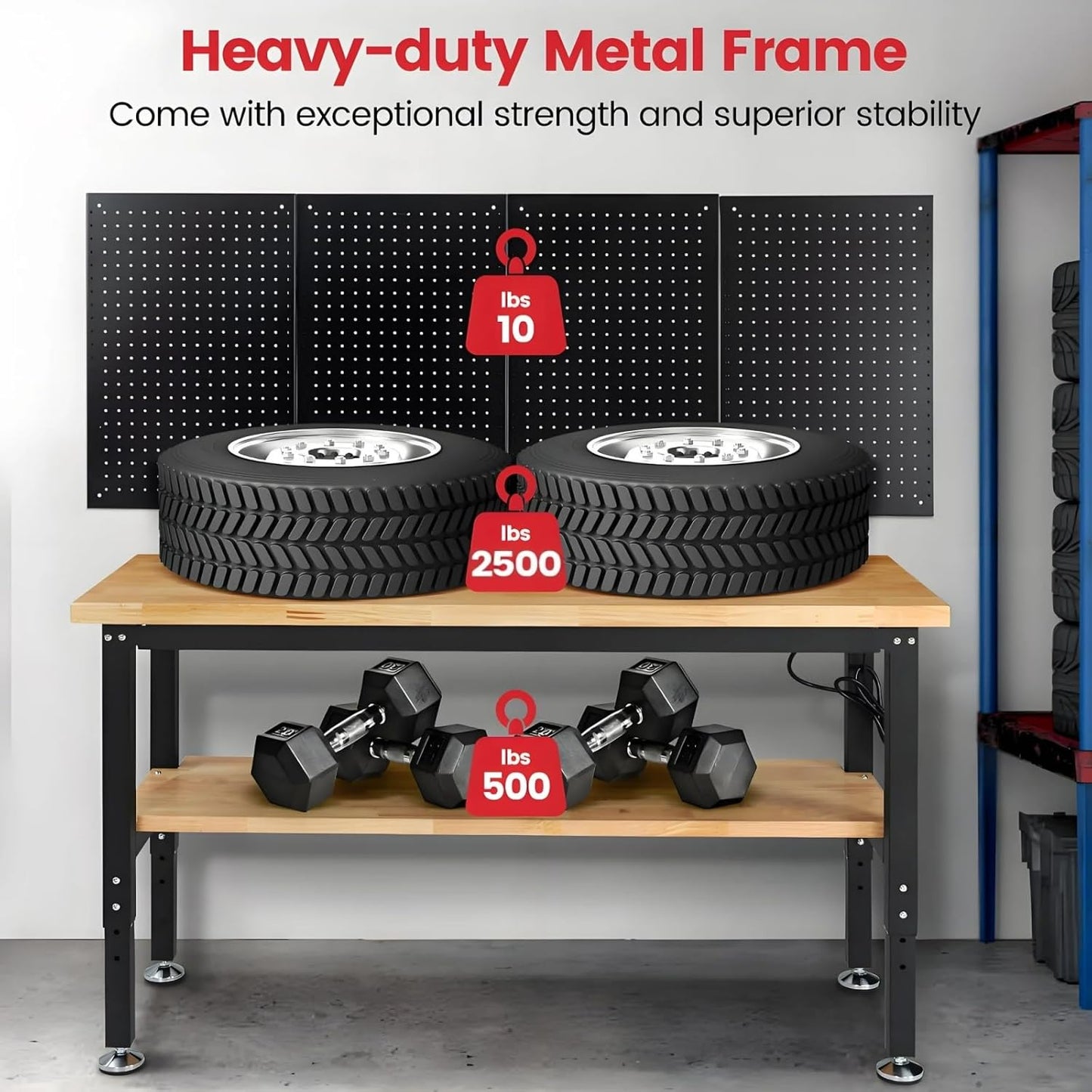 60 Inch Work Bench for Garage Adjustable Height Workbenches with Under Table Shelf Pegboard Pad Power Outlets Work Table for Woodworking, Home, Office, Workshop