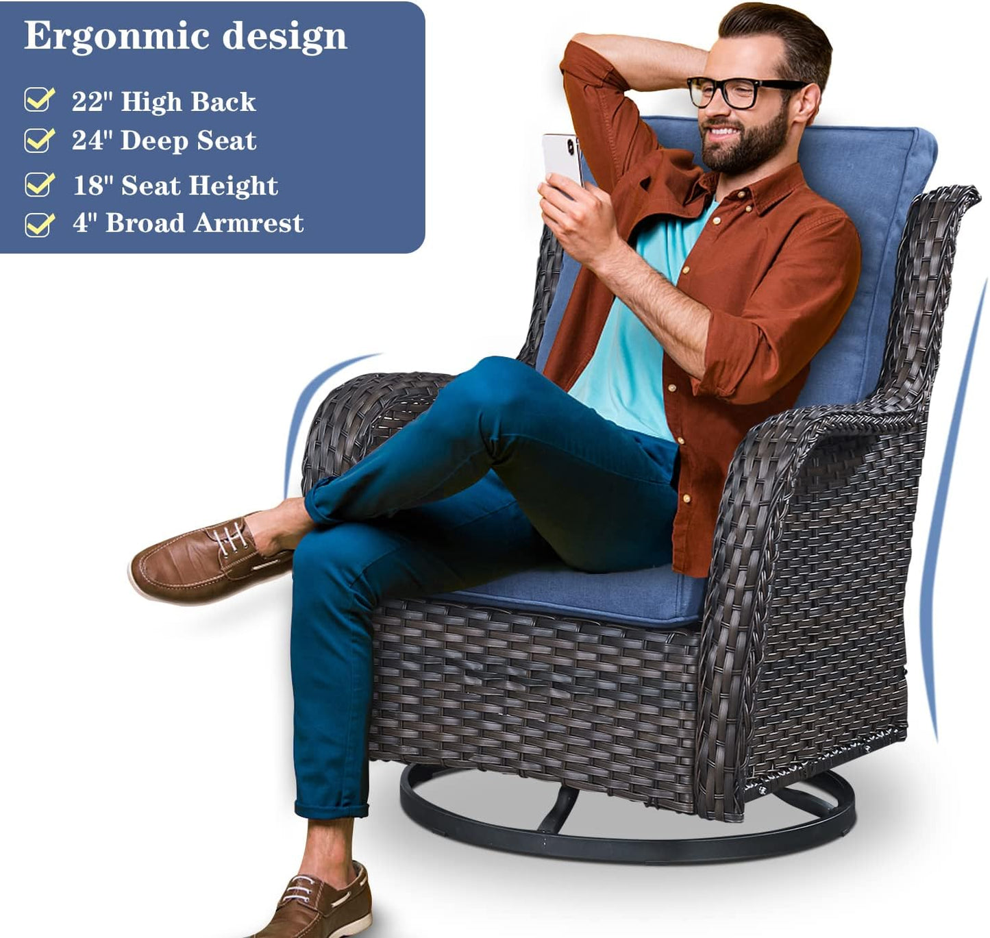 Wicker Patio Furniture Sets - 8 Piece Outdoor Rattan Furniture Conversation Sets with 4 Swivel Rocker Chairs, Rattan Sofa, Wicker Ottomans and Coffee Table, Brown/Blue