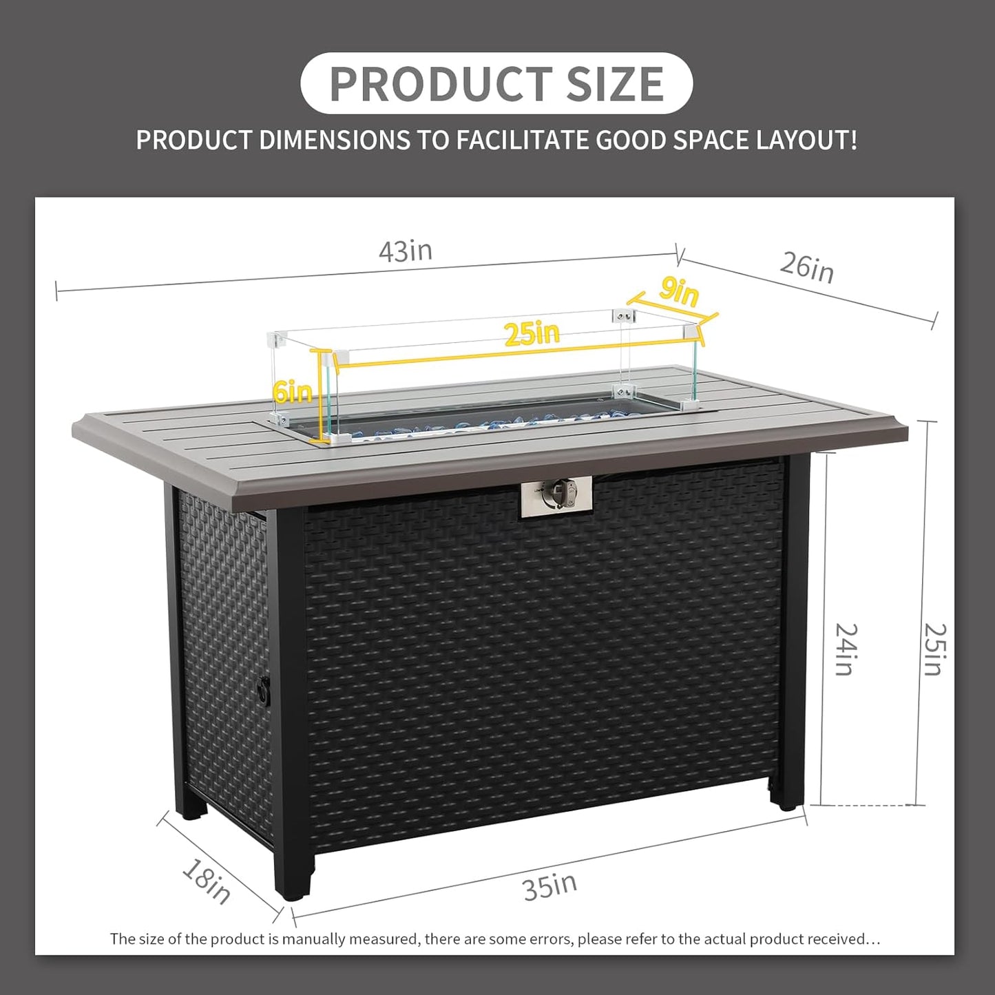 45 Inch Fire Table for Outside 60000 BTU Steel Gas Fire Pit Outdoor Fire Pit Table with Grille Tabletop Glass Wind Guard Fire Pit Cover and Blue Crystal Beads
