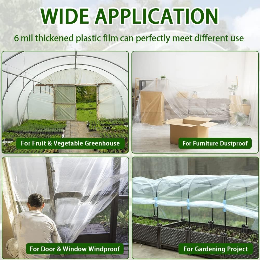 6 mil Greenhouse Plastic Film Sheeting Cover 8 x 26 Ft UV Resistant Clear Polyethylene Film Green House Hoop Farm Plastic Cover for Gardening, Farming, Agriculture