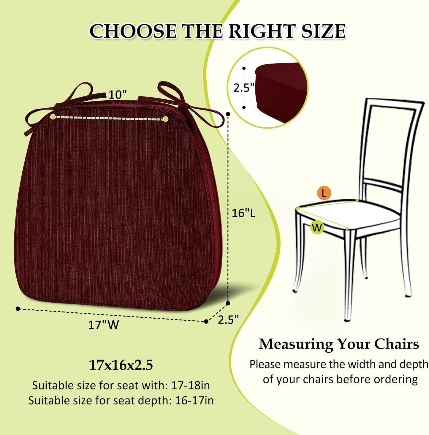 Chair Cushions for Dining Chairs, Indoor Chair Cushions with Ties，Waterproof Chair Pads Set of 4, Burgundy, 17x16x2.5 Inch