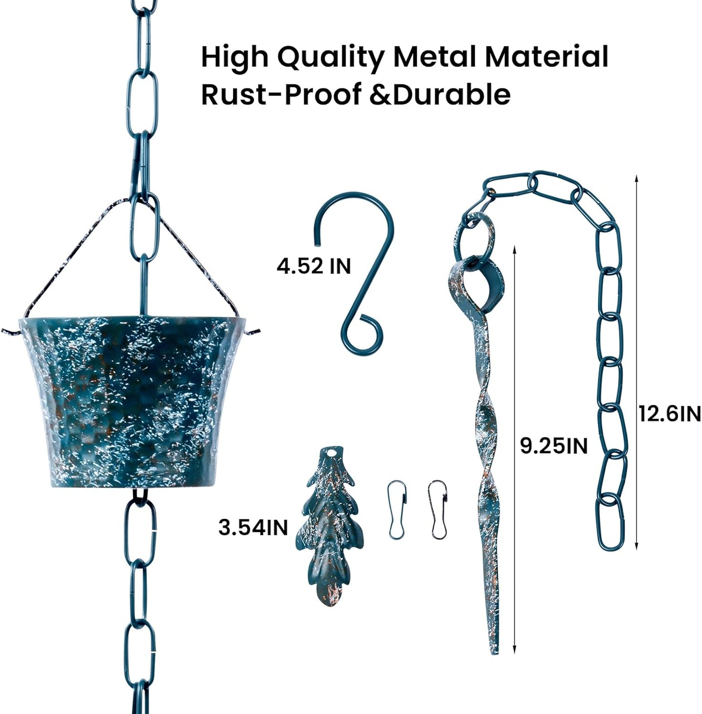 Rain Chain for Gutters with Adapter, Not RustWrought Iron Rain Chains Set 8.5 Ft, Gotta Drain with Anchoring Stake, 14 Cups, 1 Hook, Adjustable Gutter Downspout for Outdoor(Green)