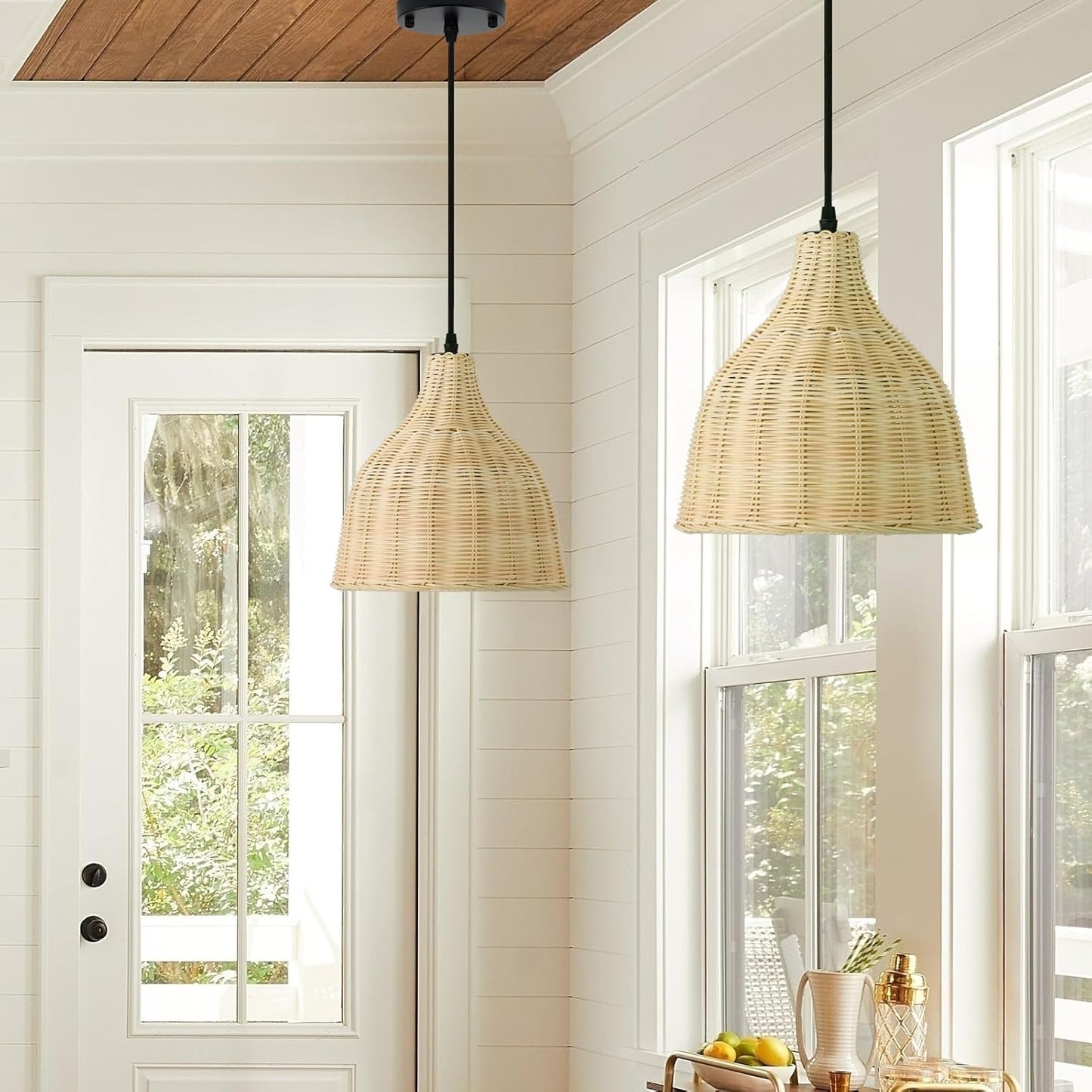 TERLEENART Hard Wired Rattan Pendant Lights Set of 2,Boho Wicker Chandelier with 9.84” Dome Shade, Basket Hand Woven Hanging Lamp for Coastal Kitchen Island Dining Room Living Room Bar Foyer Hallway