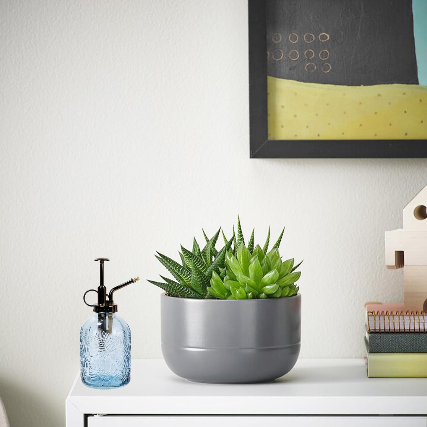 11.8 Ounce Glass Plant Spray Bottle, Glass Leaf Print One Handed Watering Can with Antique Brass Plastic One Handed Top Pump, 7.6 Inch Tall Indoor and Outdoor Plant Small Spray Bottle (Blue)