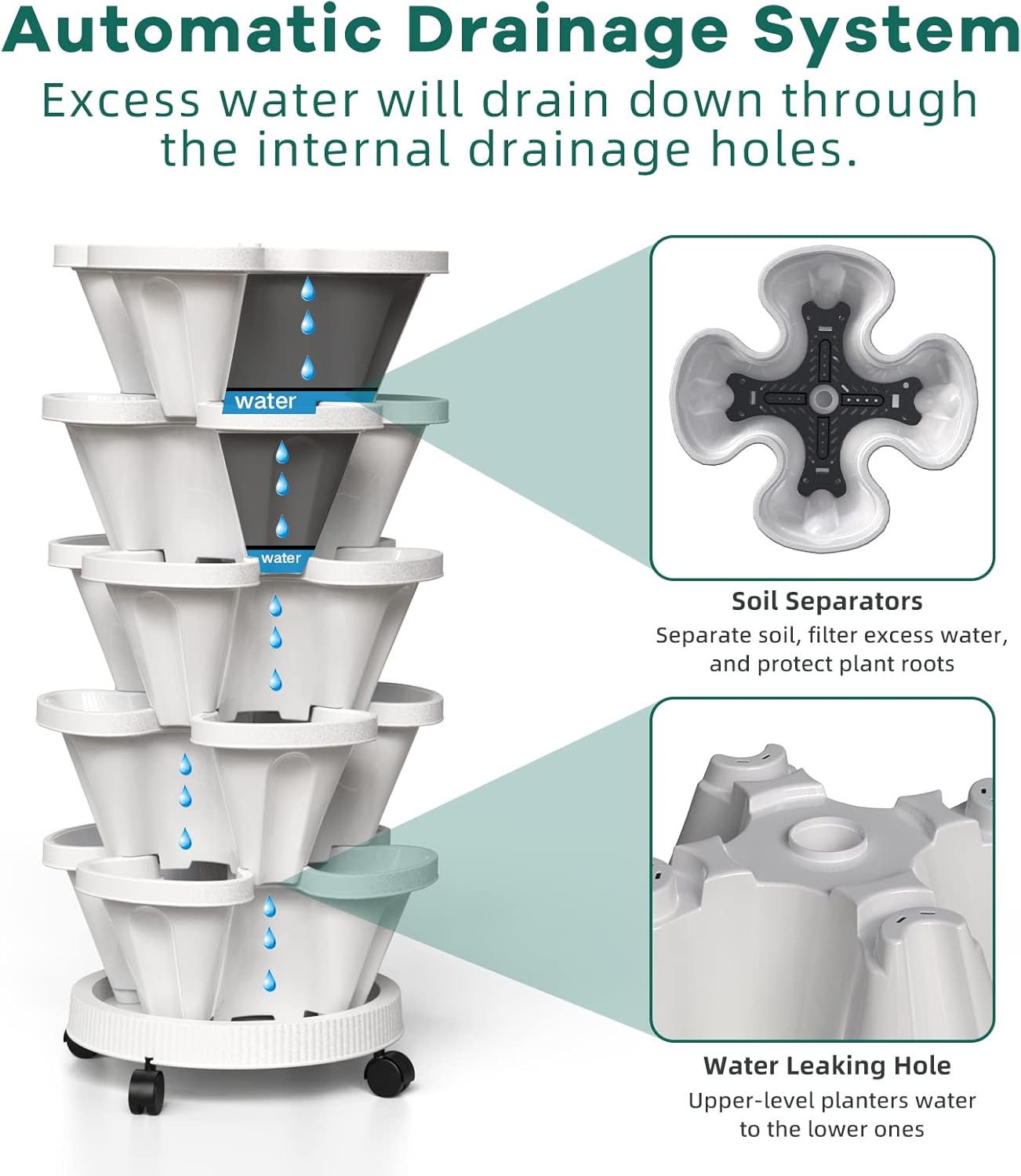 Strawberry Vertical Planter, 5 Tiered Stacking Garden Tower, Stackable Herb Vegetable Planters with Support Pole Indoor and Outdoor - Black
