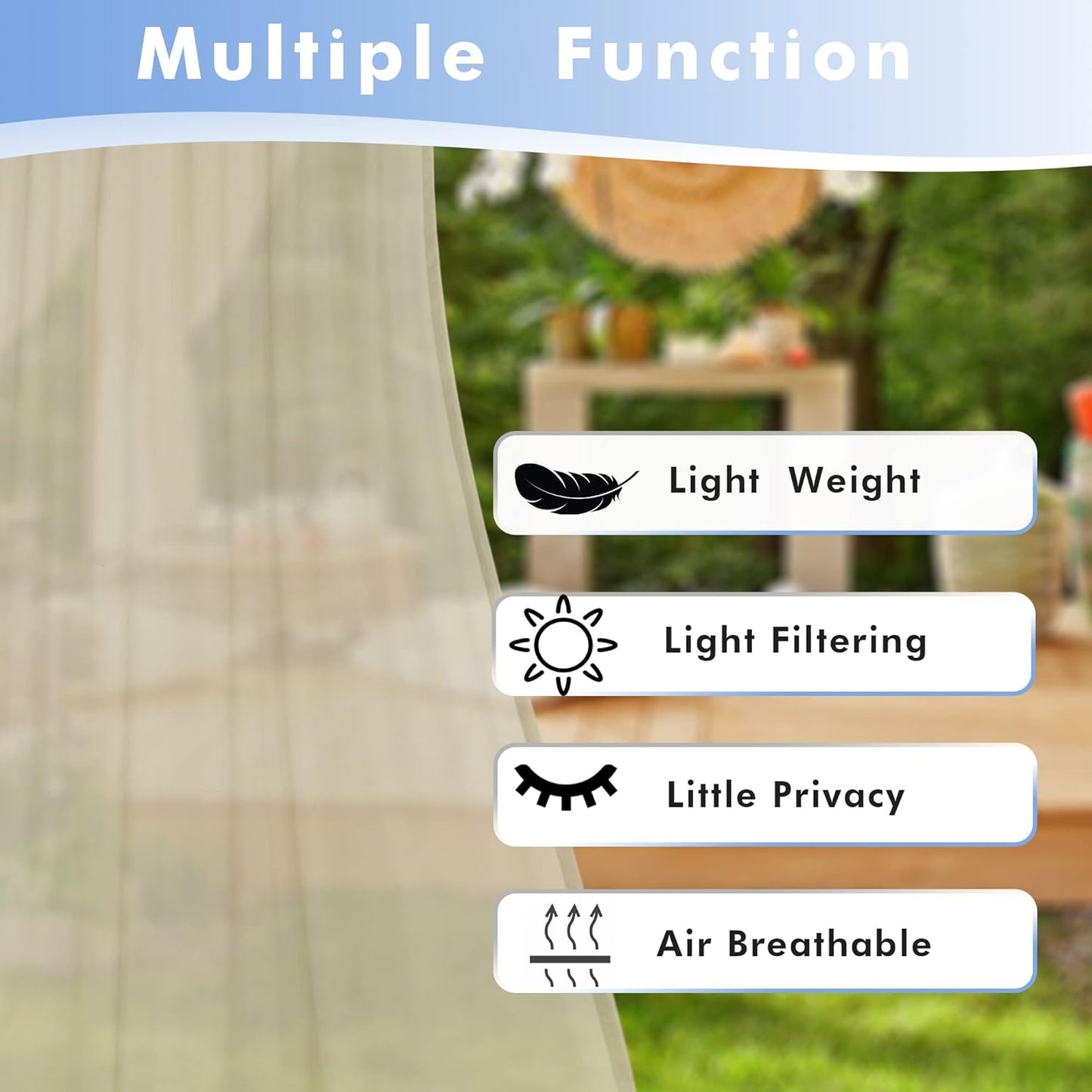 HolidayIdeas Outdoor Sheer Curtains for Patio Waterproof, 4 Panels - 54 x 120 Inch - Light Filtering Voile Outside Curtains Grommet Drapes for Front Porch, Gazebo, Pergola, Backyard, Linen Color