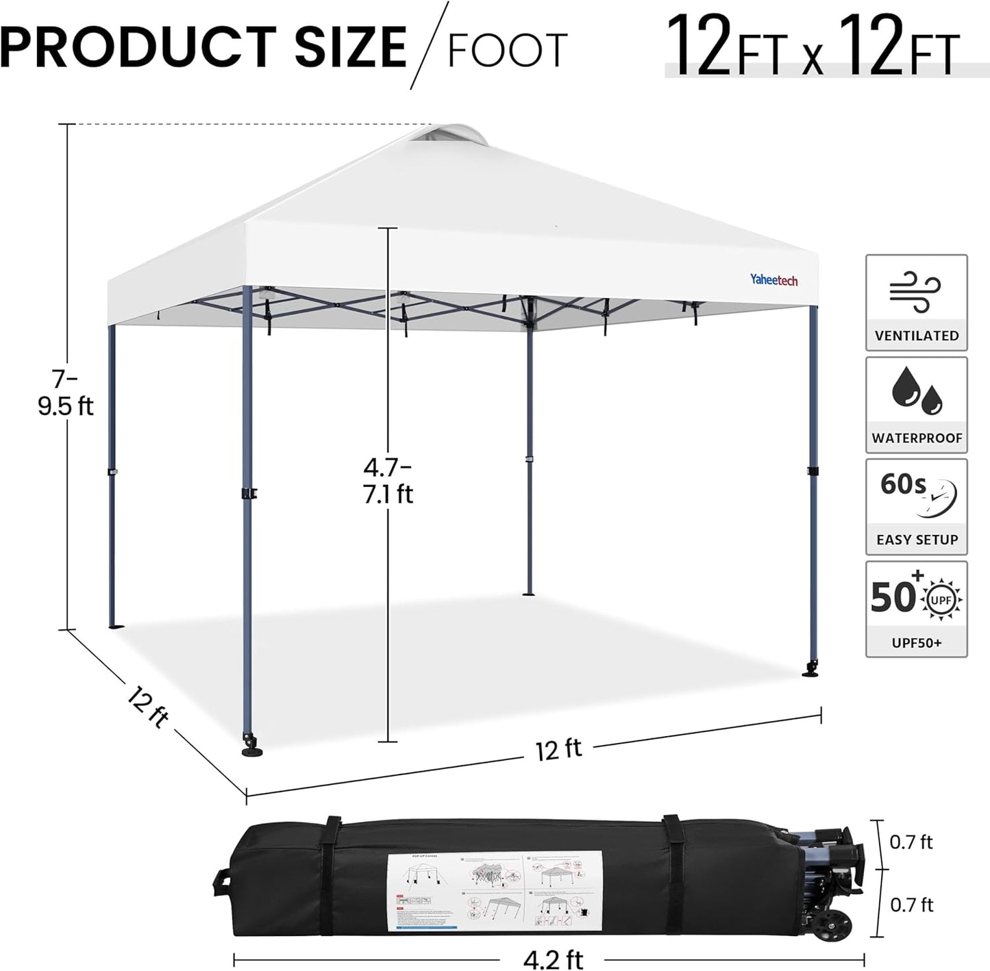 Yaheetech 12x12 Pop-up Canopy Tent w/ 2 Integrated Wheels for Mobility, Waterpoof & Heavy Duty, Instant Sun Shelter with Carry Bag, Weight Bags for Outdoor Camping Beach Patio Parties, White