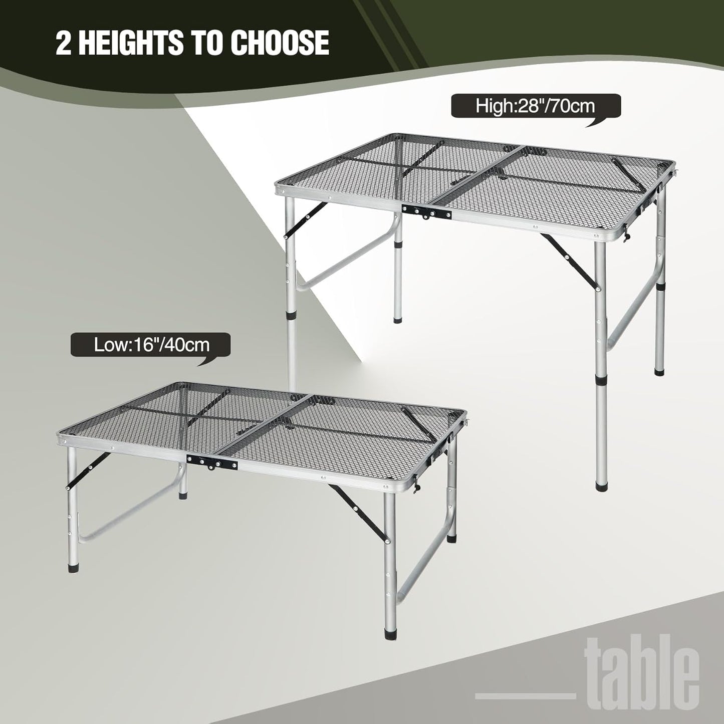 REDCAMP 36x24 Folding Grill Table for Outside, Lightweight Portable Metal Aluminum Outdoor Grill Table with Adjustable Height Legs, Great for Camping Picnic Cooking BBQ, Silver 3ft