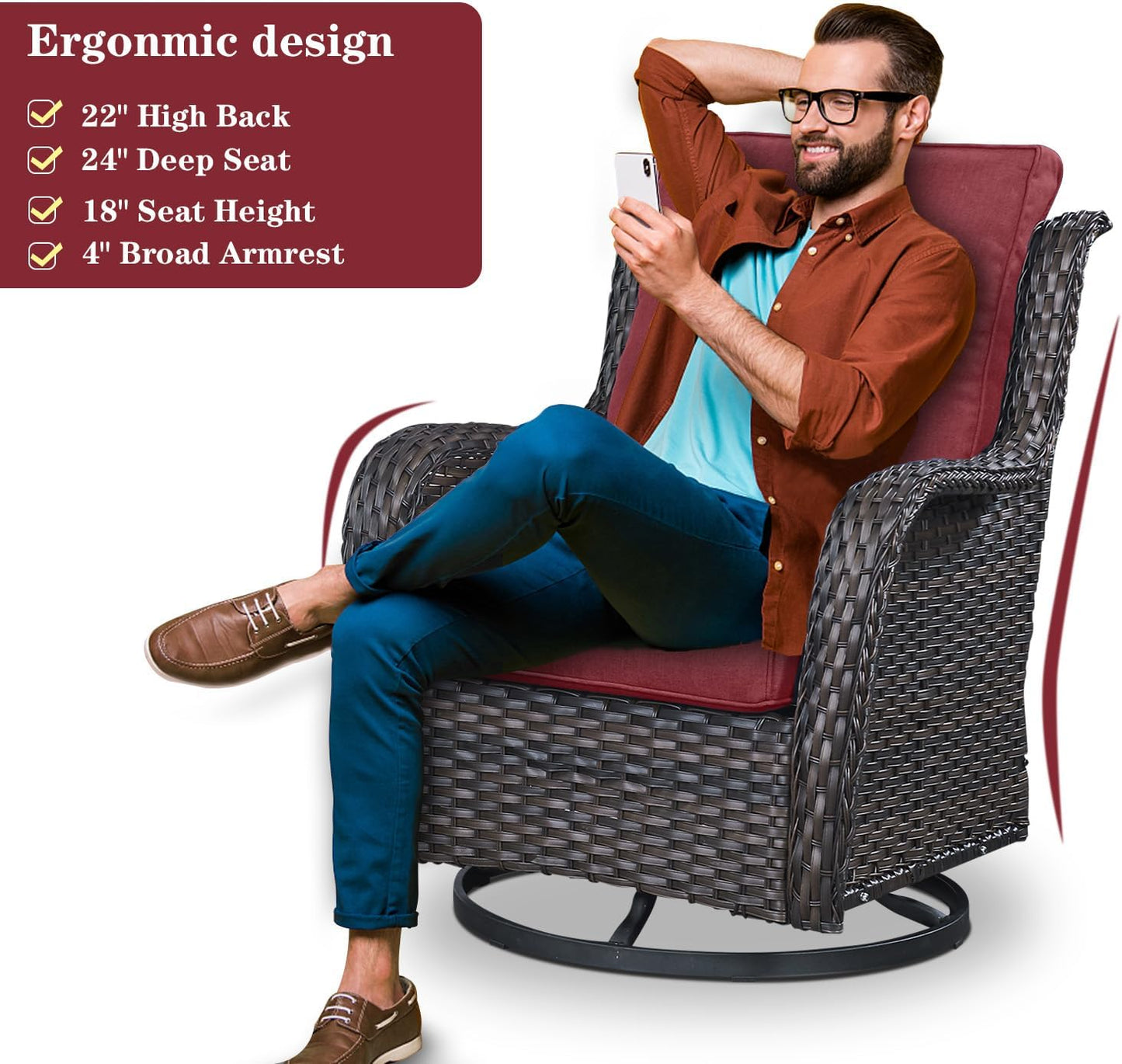 4 Pieces Patio Furniture Sets, Wicker Patio Swivel Glider Chair with Ottomans, Outdoor Furniture Set for Outside Porch, Deck, Balcony, Garden