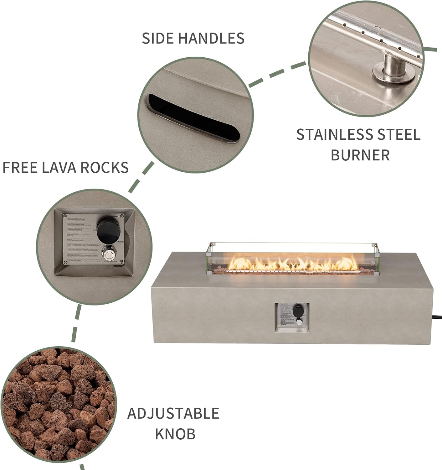 COSIEST 2-Piece Outdoor Propane Fire Table Set, Rectangle Concrete 56" x 28" Gray Fire Pit (CSA Certified, 50,000 BTU) w 20lb Tank Table, Wind Guard, Waterproof Cover for Garden, Porch, Backyard