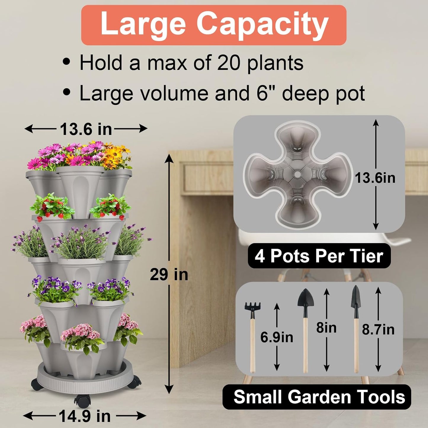 Strawberry Planter 5 Tier Stackable Planters - Vertical Garden Planting Tower Planters for Herb, Flower, and Vegetable Planter Indoor Outdoor Gardening Pots with Removable Wheels and Tools, Gray