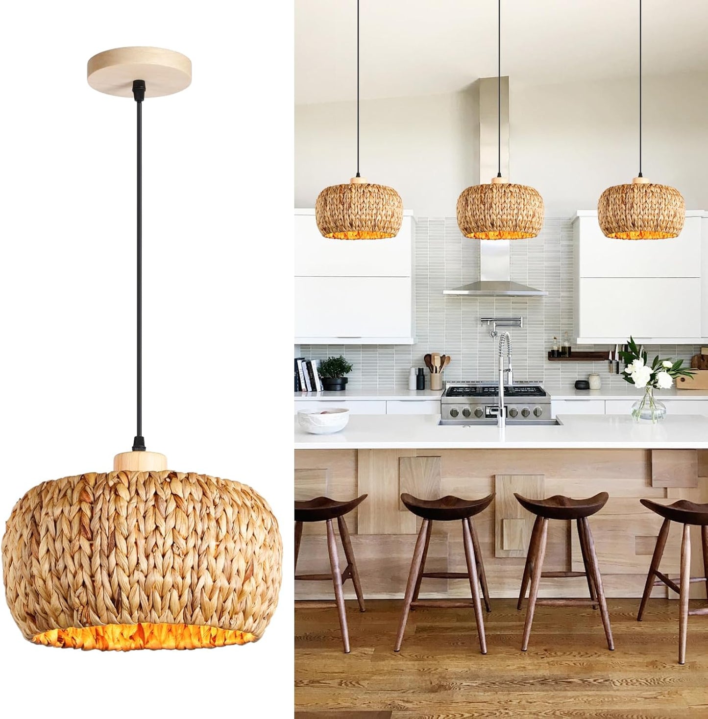 Boho Pendant Lights Kitchen Island, 11.8" Bohemian Rattan Hand-Woven Light Fixture Natural Seagrass Weaving Lighting Hanging Ceiling Chandelier for Restaurants Living Dining Room Farmhouse