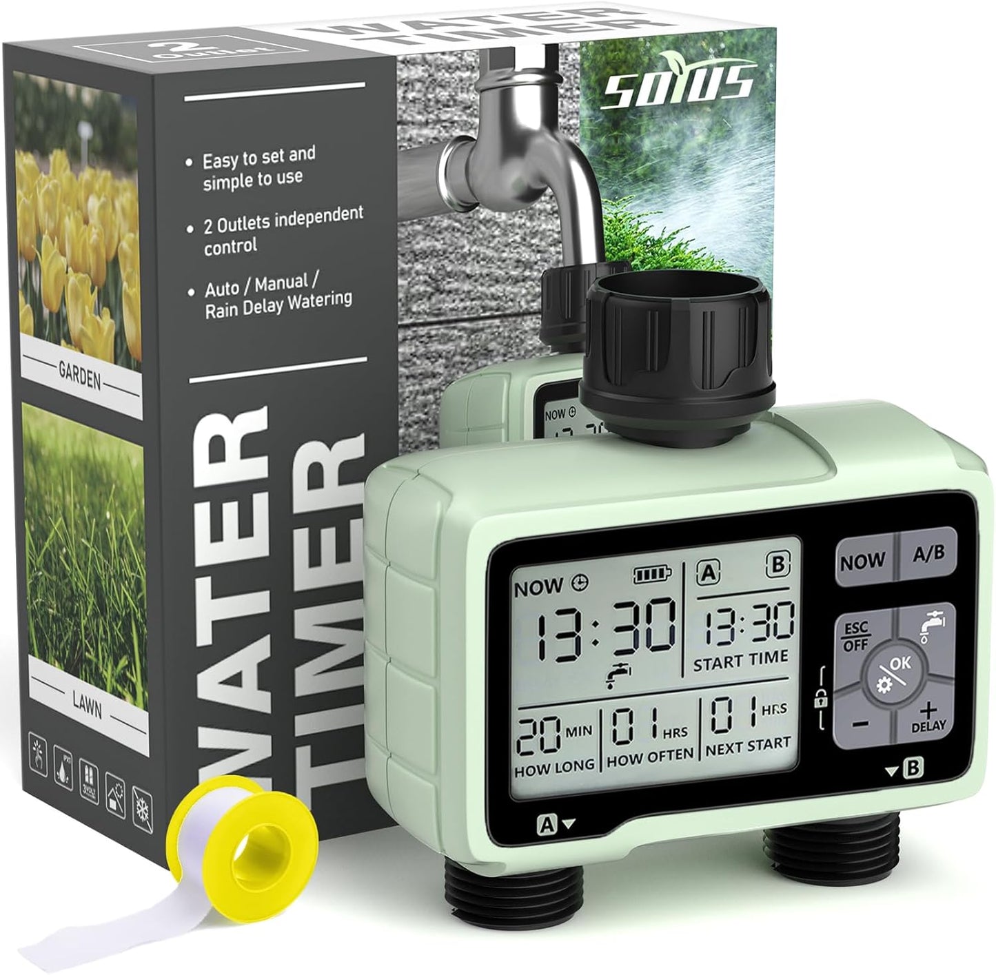 SOYUS Programmable Outdoor Garden Hose Timer with Rain Delay/Manual/Automatic Watering System, Waterproof Digital Irrigation Timer for Lawns, Yard and Pool, 2 Outlet