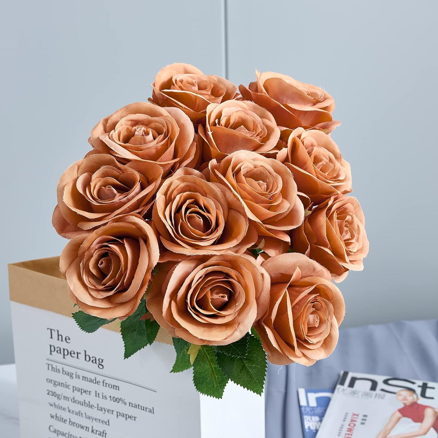 12pcs Rose Artificial Flowers Fake Roses Dusty Orange Silk Roses Orange Silk Flowers Rose with Long Stems for Wedding Home Party Centerpieces Decorations