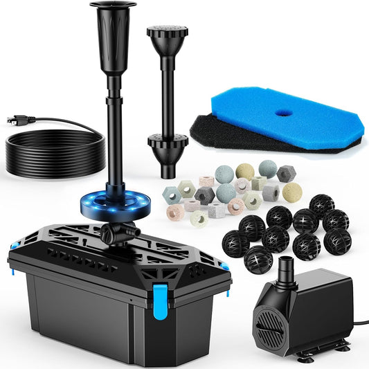 POPOSOAP RGB Pond Filter with Pump Fountain Kits, 660GPH Pond Filter Box With 40W Pond Pump & RGB Auto-Cycle LED Lights, Koi Pond Filters for Outdoor Ponds Clean, Clear, and Add Water Features