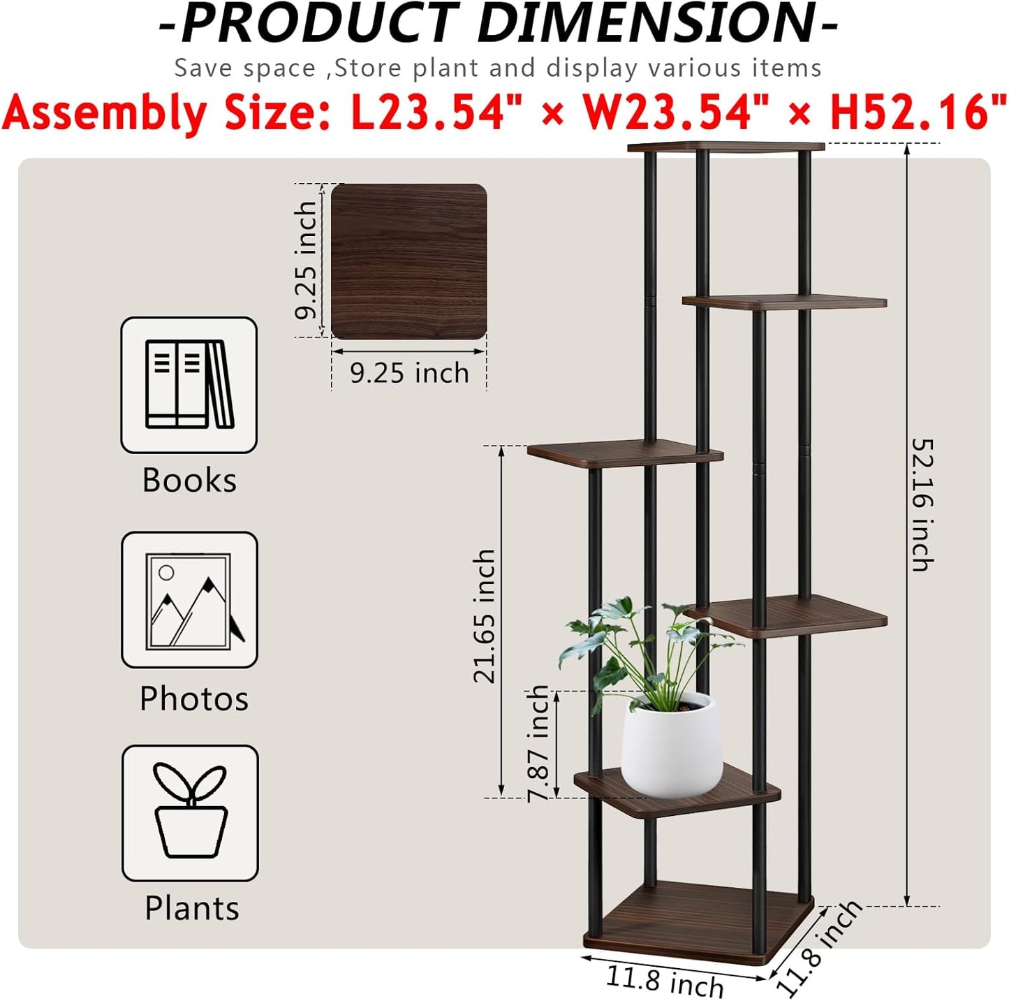 AZERPIAN Plant Stand 6 Tier Indoor Metal Flower Shelf for Multiple Plants Corner Tall Flower Holders for Patio Garden Living Room Balcony Bedroom, Black Oak