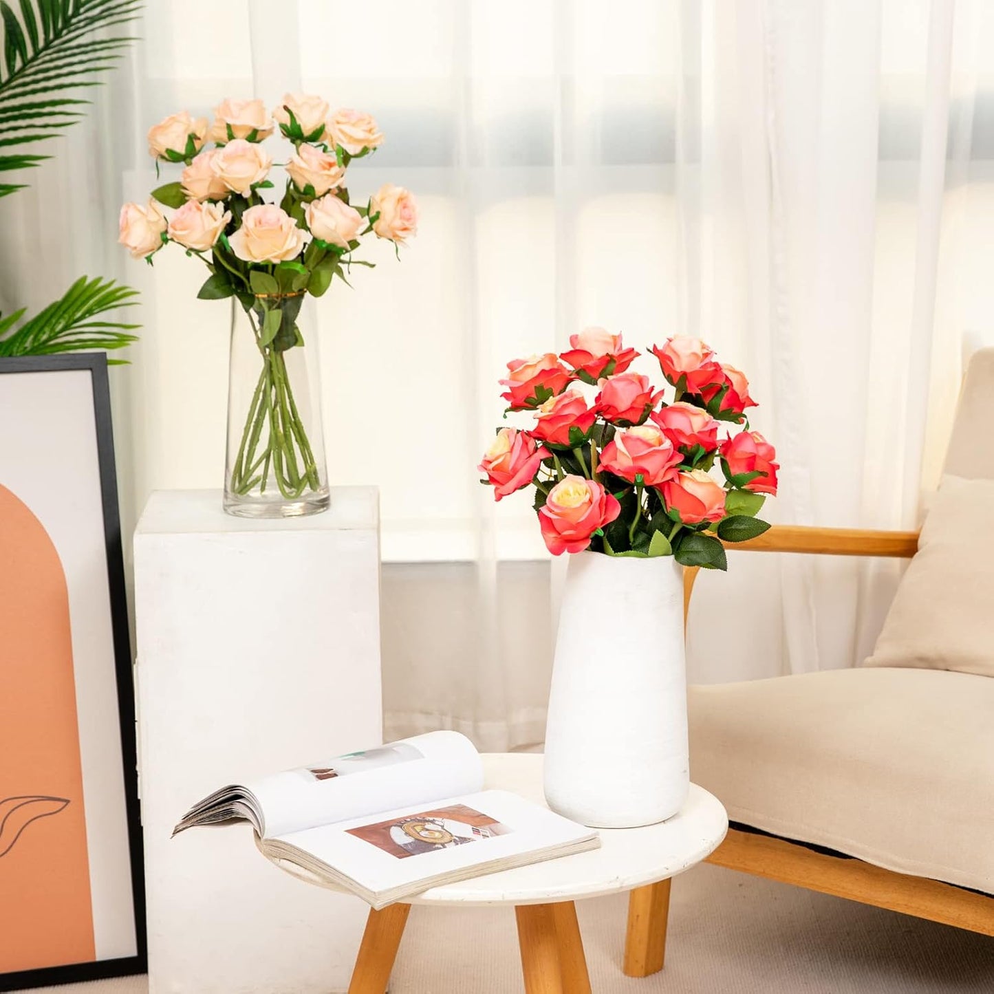 Hawesome 12PCS Artificial Silk Flowers Realistic Roses Bouquet Long Stem for Home Wedding Decoration Party (Gradient Dark Pink)