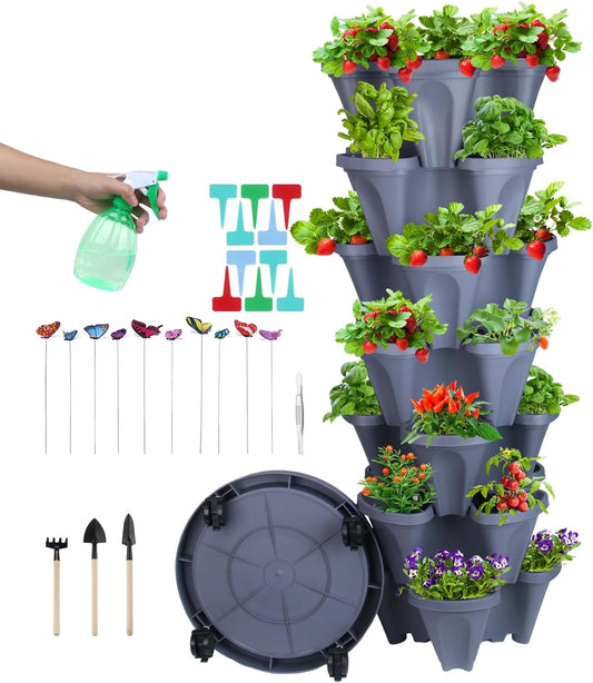 DUNCHATY Stackable Planter, Vertical Strawberry Planter with Garen Tool Set, Self Watering Garden Planter Indoor/Outdoor 7 Tier Herb Planter Pots for Growing Vegetables and Succulents, Dark Gray