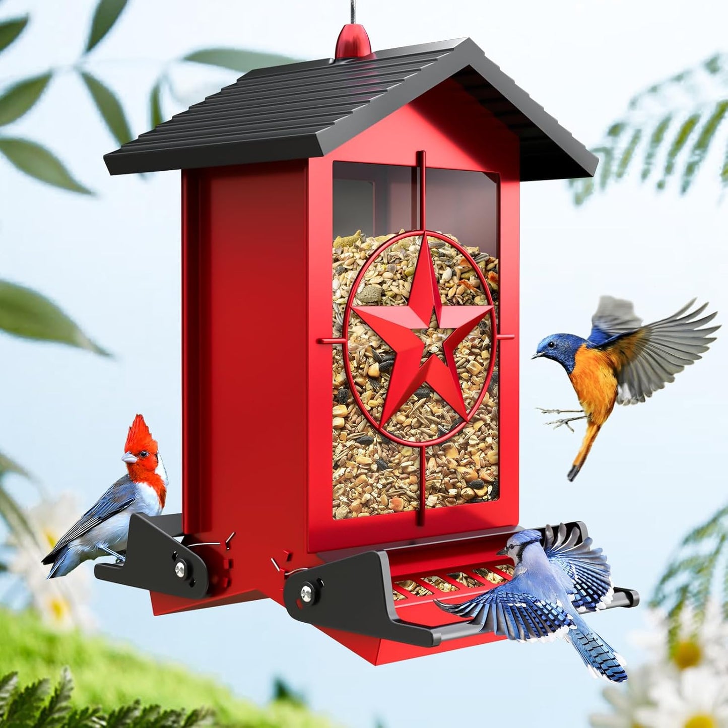 Squirrel Proof Bird Feeder for Outdoors Hanging, Metal Wild Bird Seed Feeder with Bilateral Weight-Activated Perches, 5LB Large Capacity Wild Bird Feeders for Outside Finch, Cardinal, Blue Jay