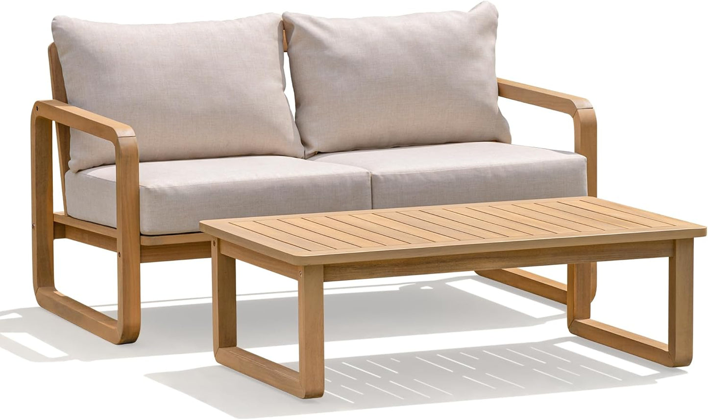 Idzo Ivy Loveseat with Coffee Table – Beige Fabric, 2-Seater Outdoor Sofa Set for Balcony, Patio or Garden – Stylish Love Seat Couches for Small Spaces