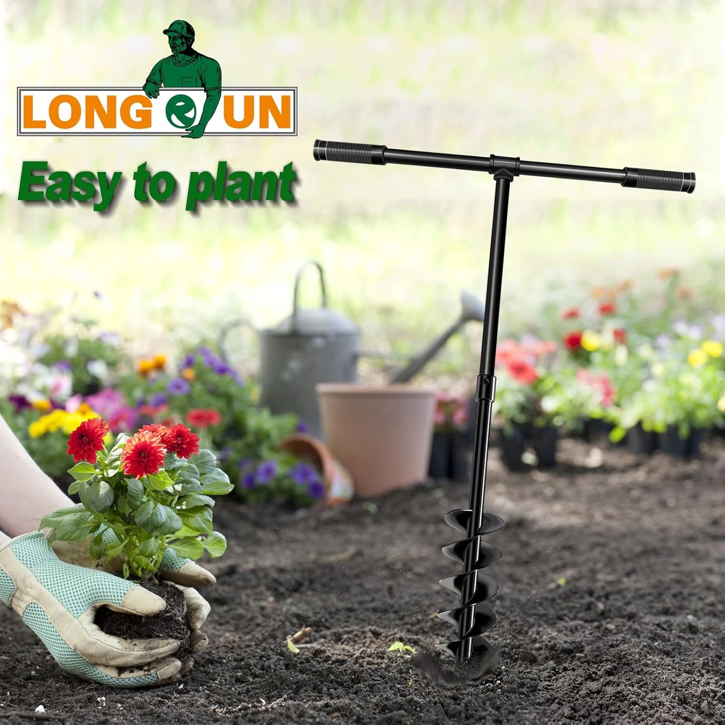LONGRUN Hand Drill Auger Post Hole Digger, Manual Garden Hole Digging Drill Bit for Planting, Spiral Drill Planter for Bulb, Flower, Tree, Seedlings, Bedding Plants, Umbrella, Fence Holes-4"x 38"