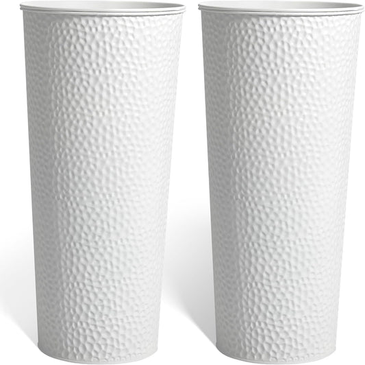 KOL 28" H. Tall Metal Cone Planters with Inner Pots 2-Pack, White Hand-Hammered Large Decor Planter for Deck, Patio, Porch - Handcrafted Flower Pot - with Water Level Indicator - Indoor Outdoor Use