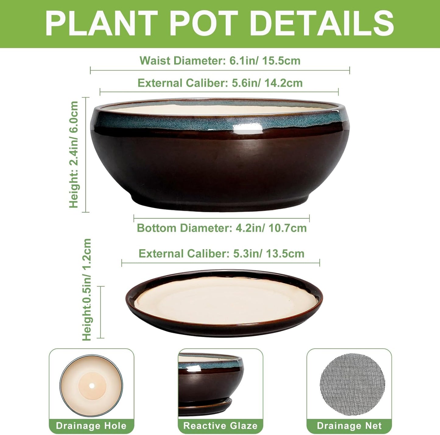 SQOWL Succulent Pots with Drainage Hole - 6 Inch Ceramic Bonsai Tree Pots, Shallow Planter with Saucer, Round Plant Pot for Succulent Indoor Outdoor, Porch Decor, Gifts for Plant Lover, Blue-Brown